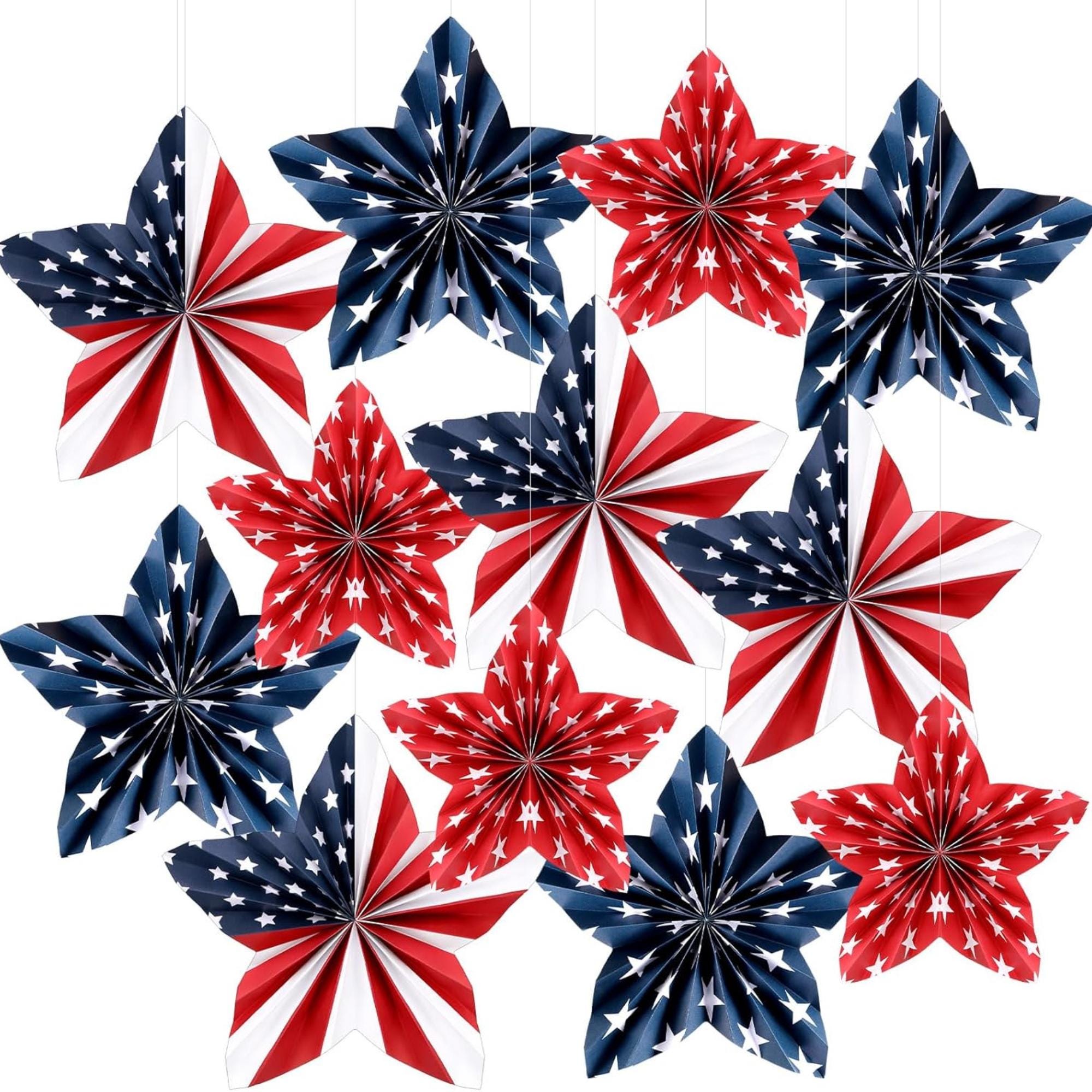 12 Piece Patriotic Paper Fan Decorations Red White Blue Hanging Set