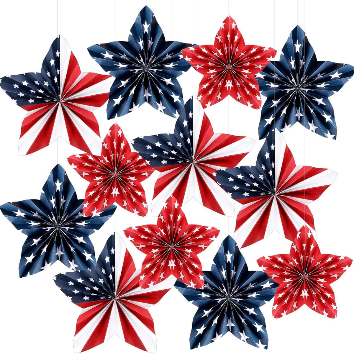 12 Piece Patriotic Paper Fan Decorations Red White Blue Hanging Set