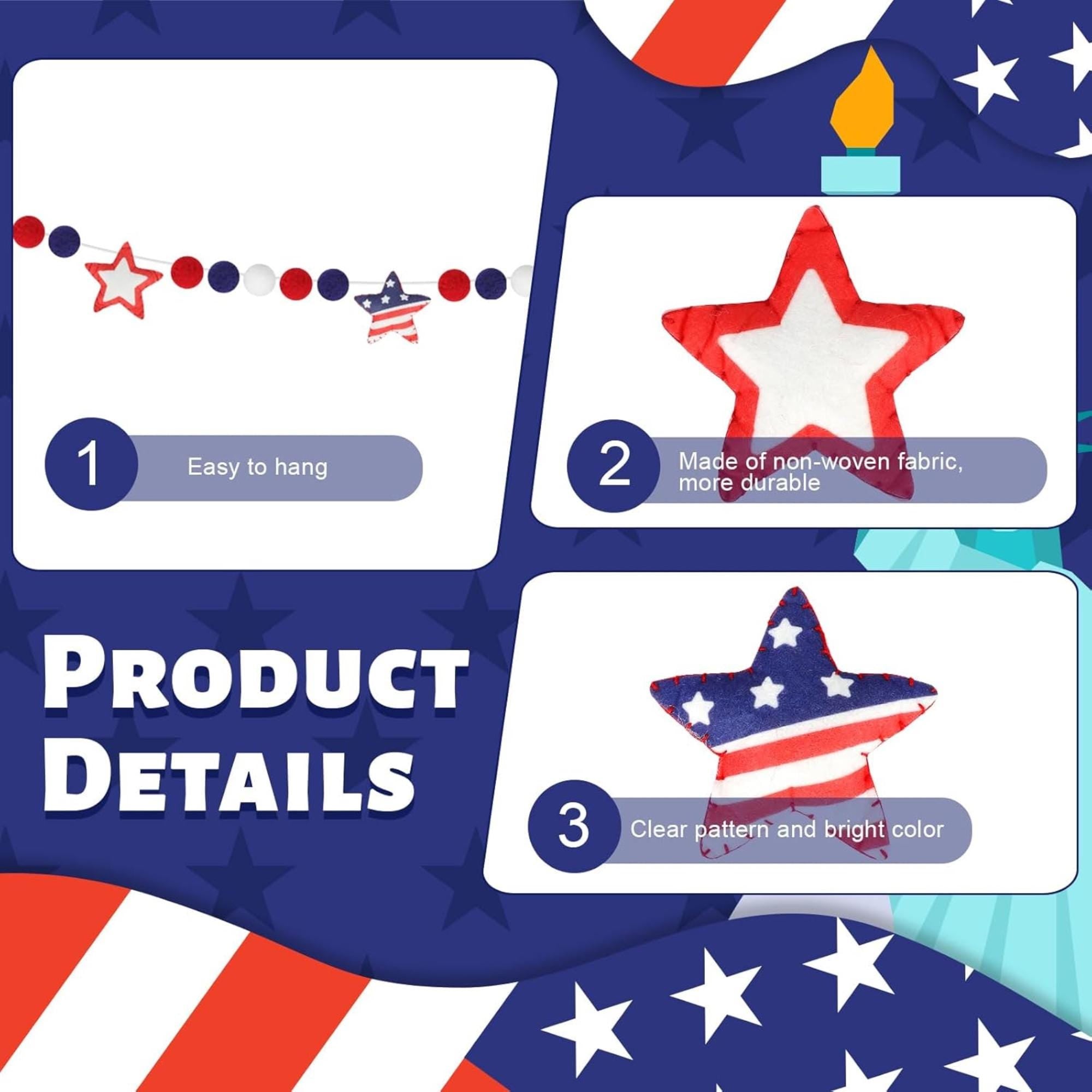 8.2 FT Patriotic Felt Ball Star Garland Rustic Labor Day Décor