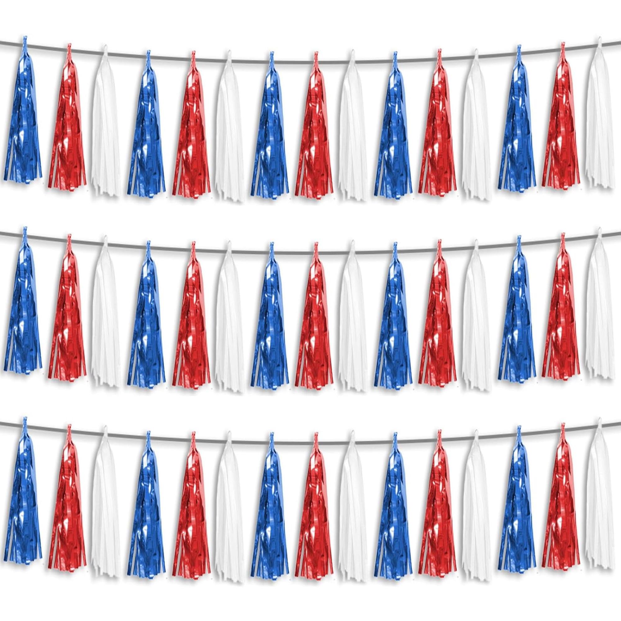 3 Pack Red Blue White Foil Tassel Garland Fringe Party Decorations