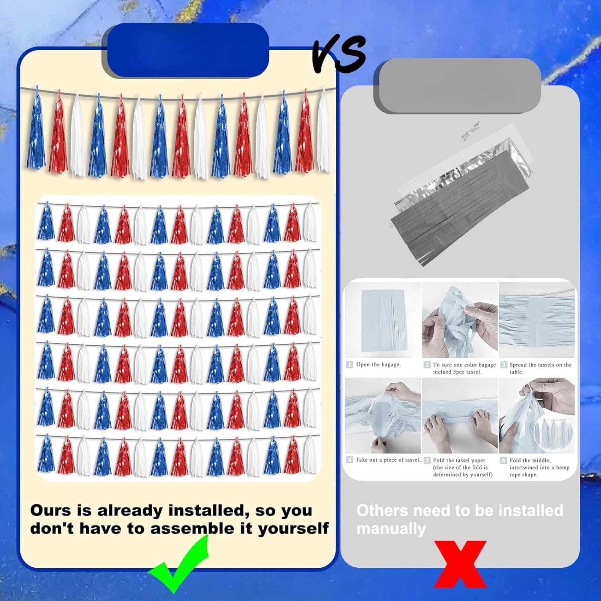 3 Pack Red Blue White Foil Tassel Garland Fringe Party Decorations