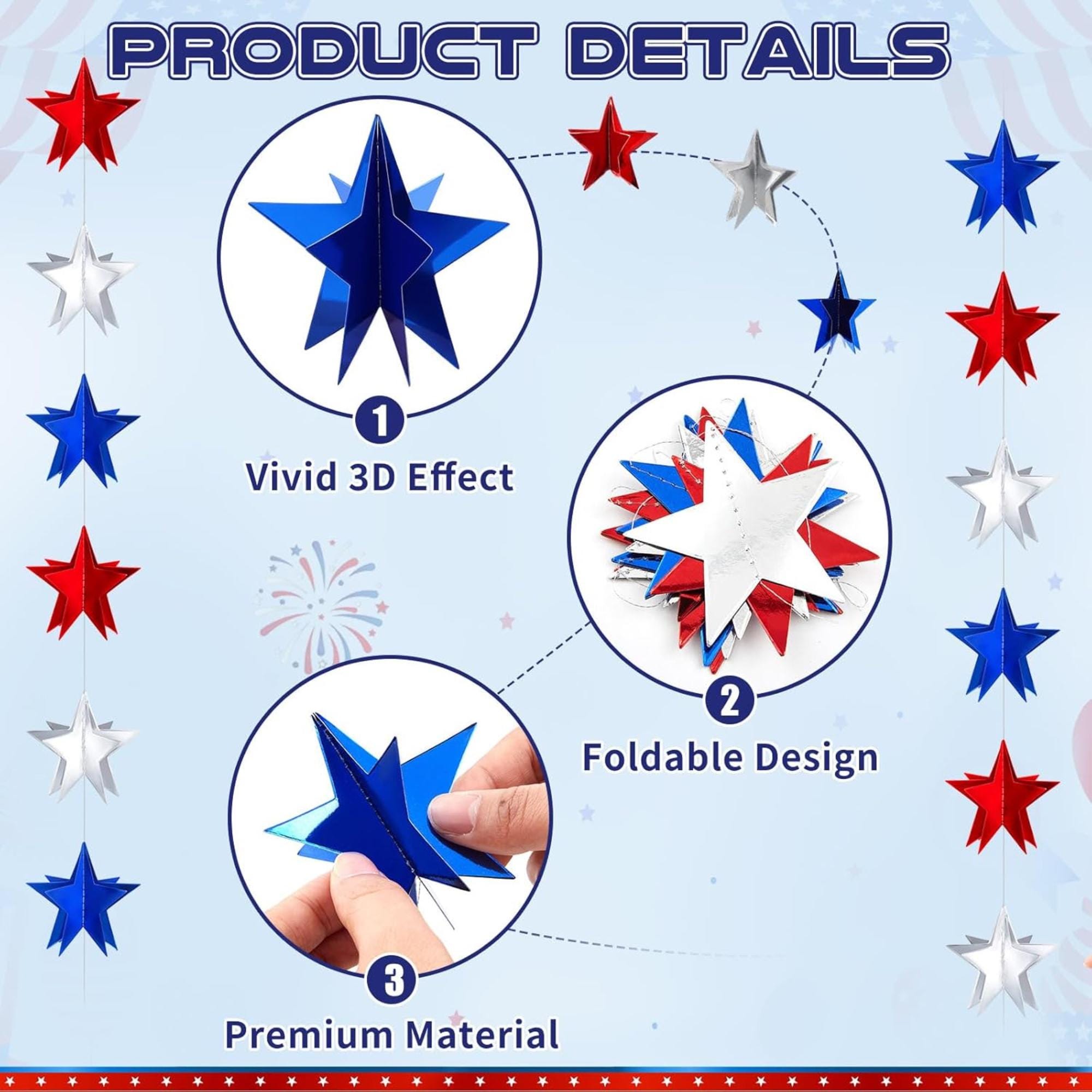 4 Pack 3D Patriotic Star Garland 32.8 FT Red White Blue Hanging Décor