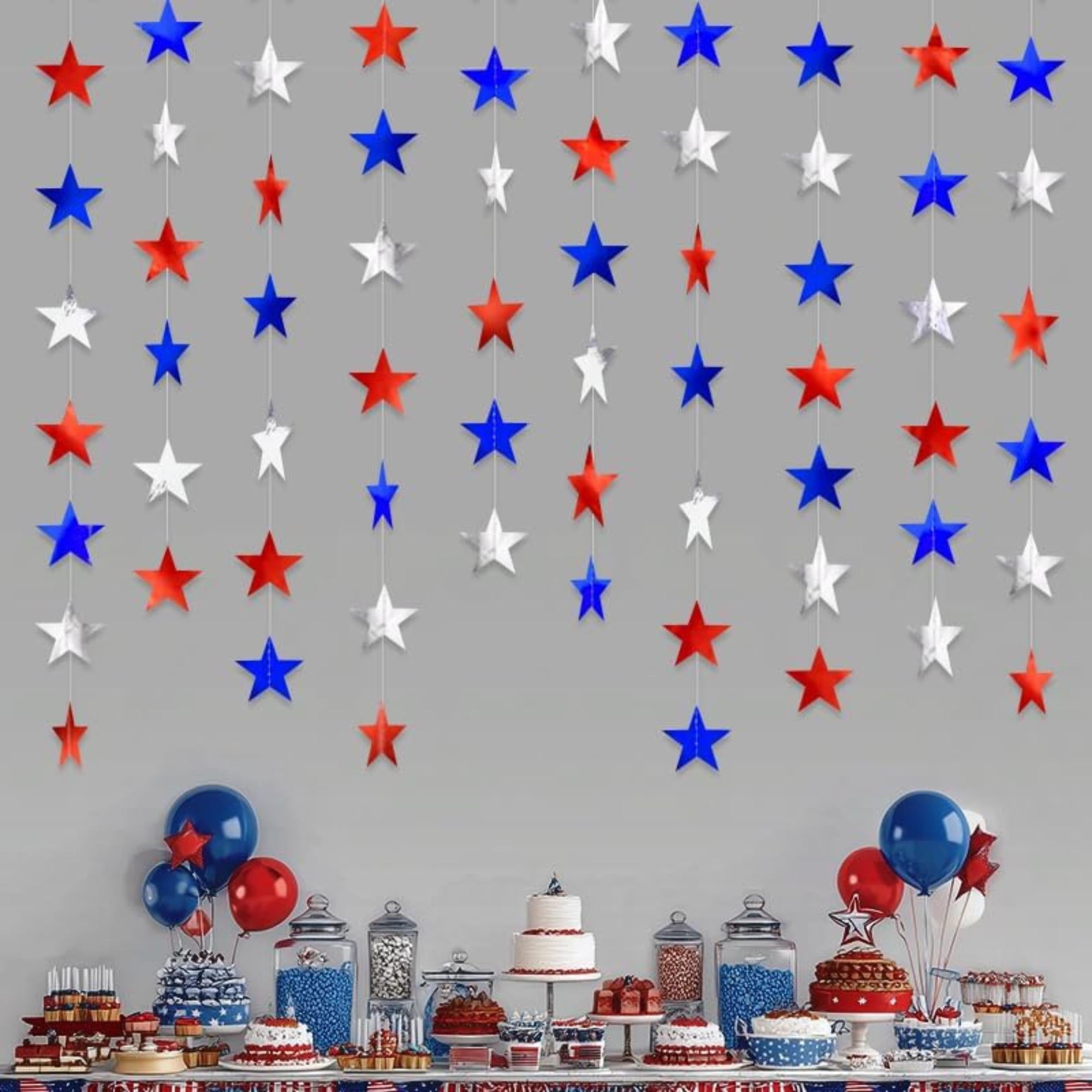 40 FT Patriotic Glitter Star Garland Red Silver Blue Hanging Décor
