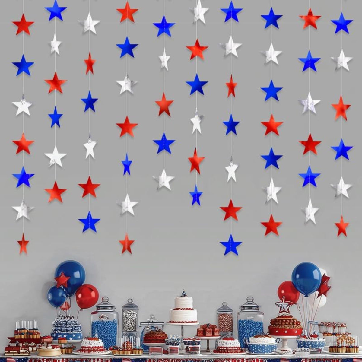 40 FT Patriotic Glitter Star Garland Red Silver Blue Hanging Décor