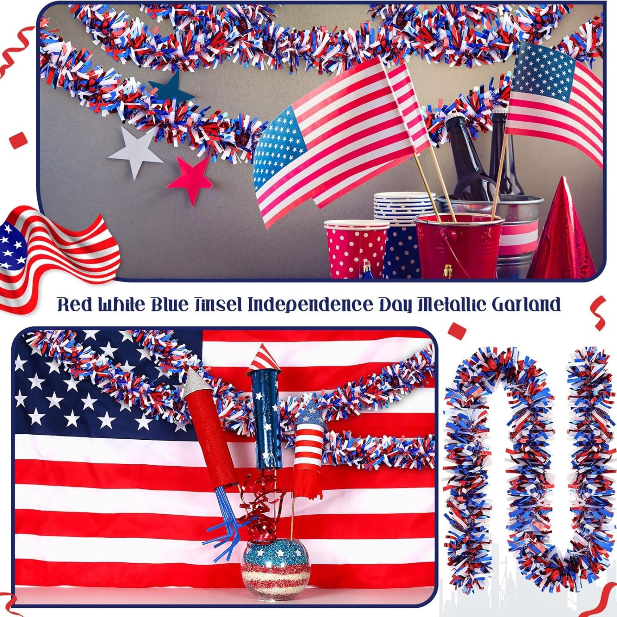 79 Feet Patriotic Tinsel Garland Red White Blue Metallic Party Décor