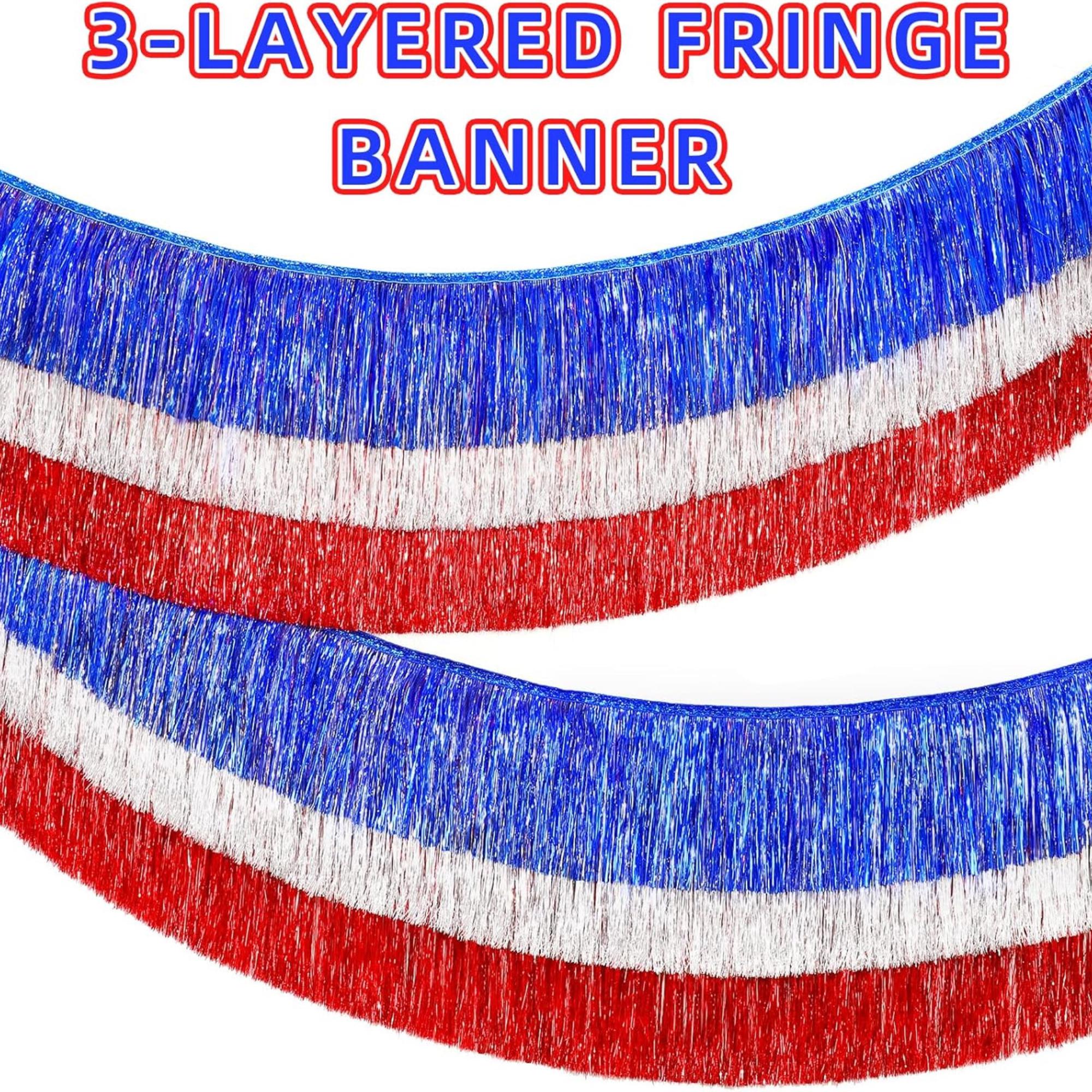 Patriotic Fringe Banner with Paper Fans Red White Blue Party Décor