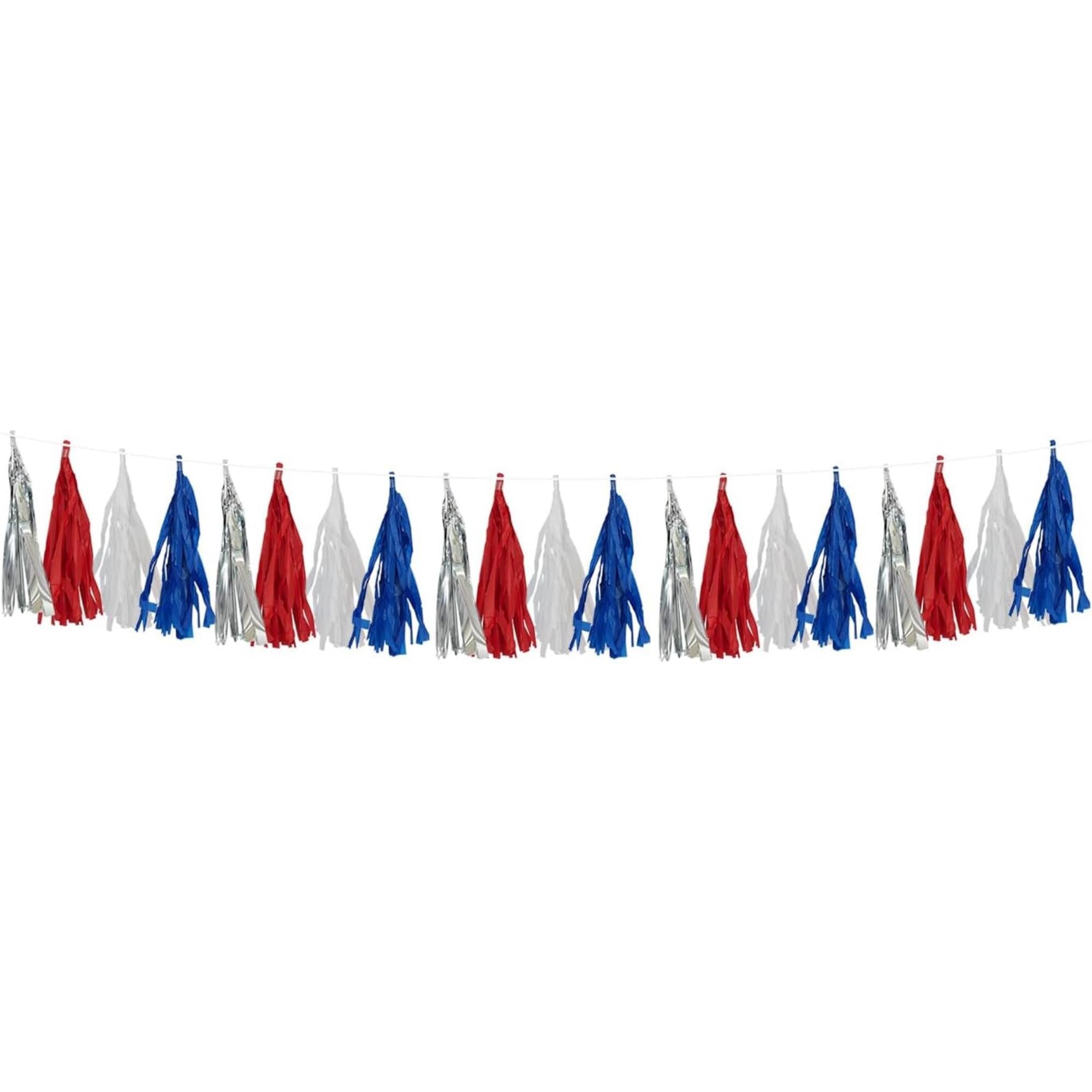 10FT Patriotic Tassel Garland Red White Blue Silver Fringe Banner