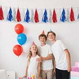 10FT Patriotic Tassel Garland Red White Blue Silver Fringe Banner