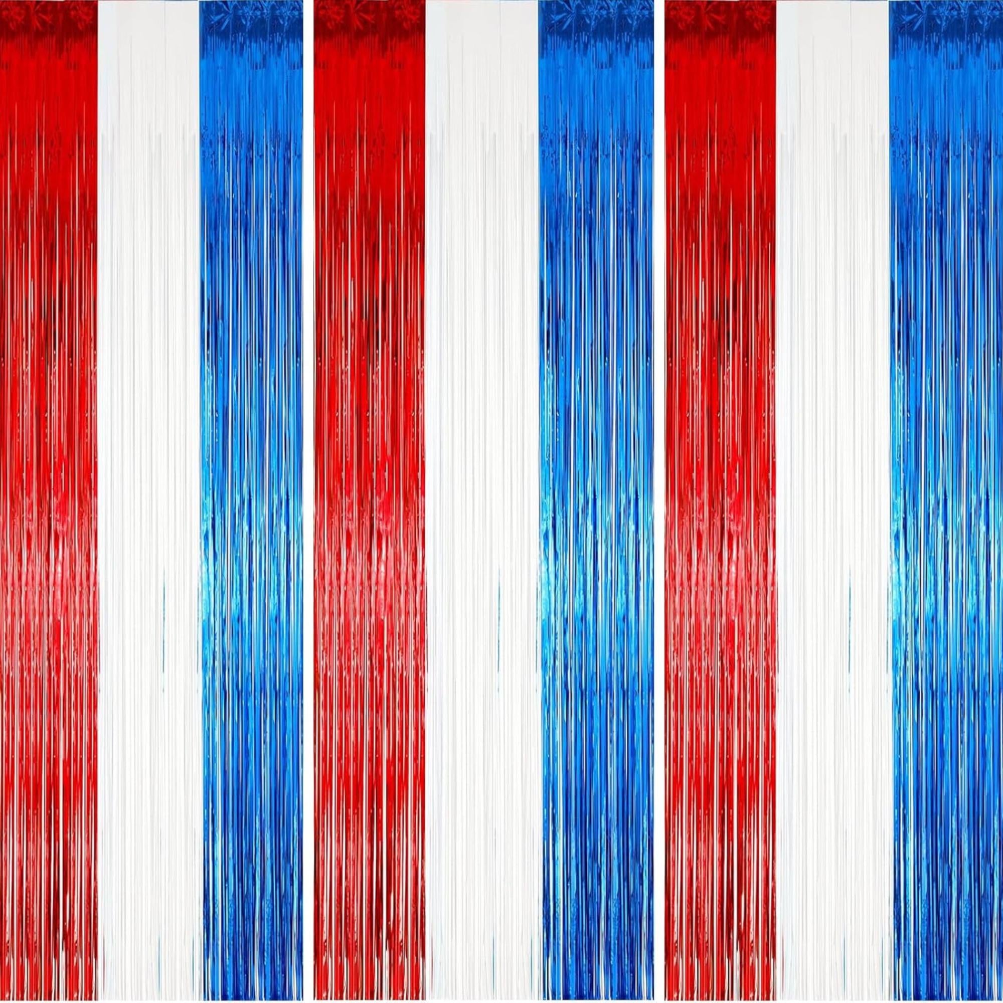3 Pack Patriotic Foil Fringe Curtains Red White Blue Photo Backdrop