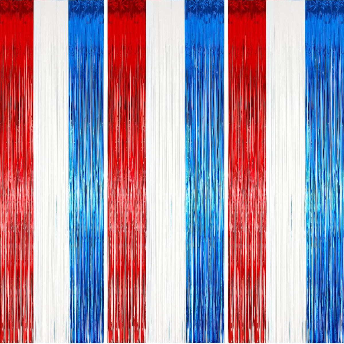 3 Pack Patriotic Foil Fringe Curtains Red White Blue Photo Backdrop