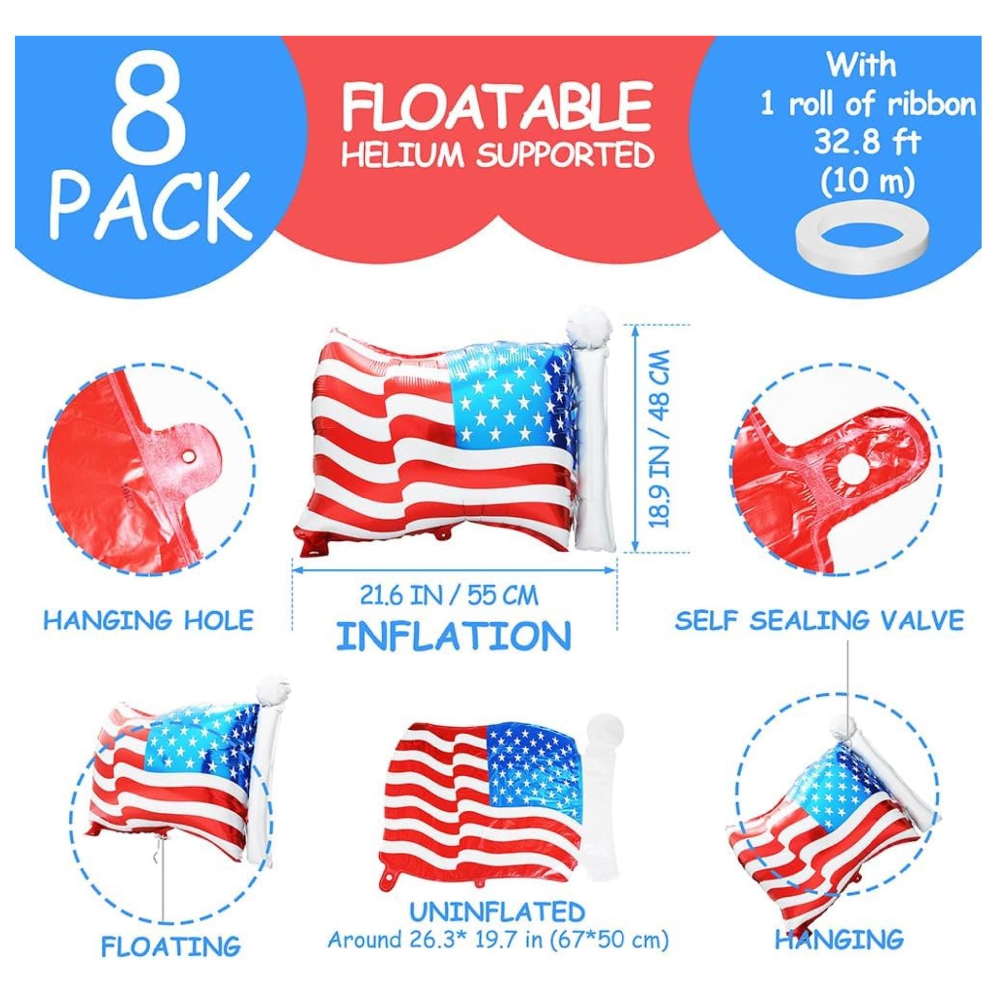 8 Pack American Flag Foil Balloons Patriotic Helium Party Décor