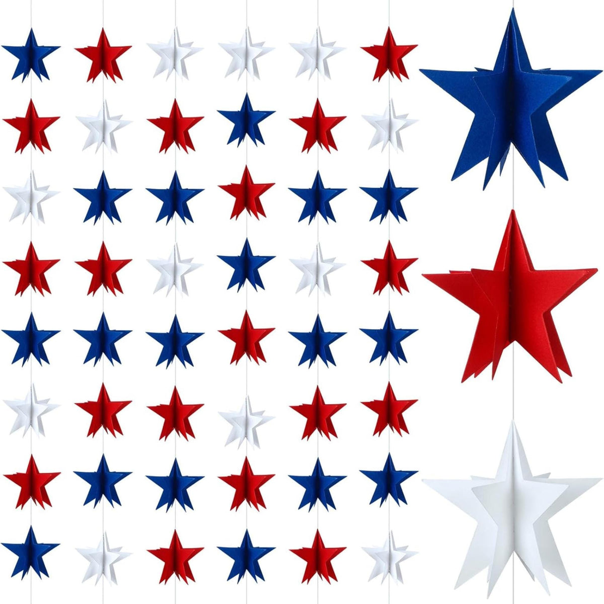 3 Strand 3D Patriotic Star Garland 29.5 FT Red White Blue Banner