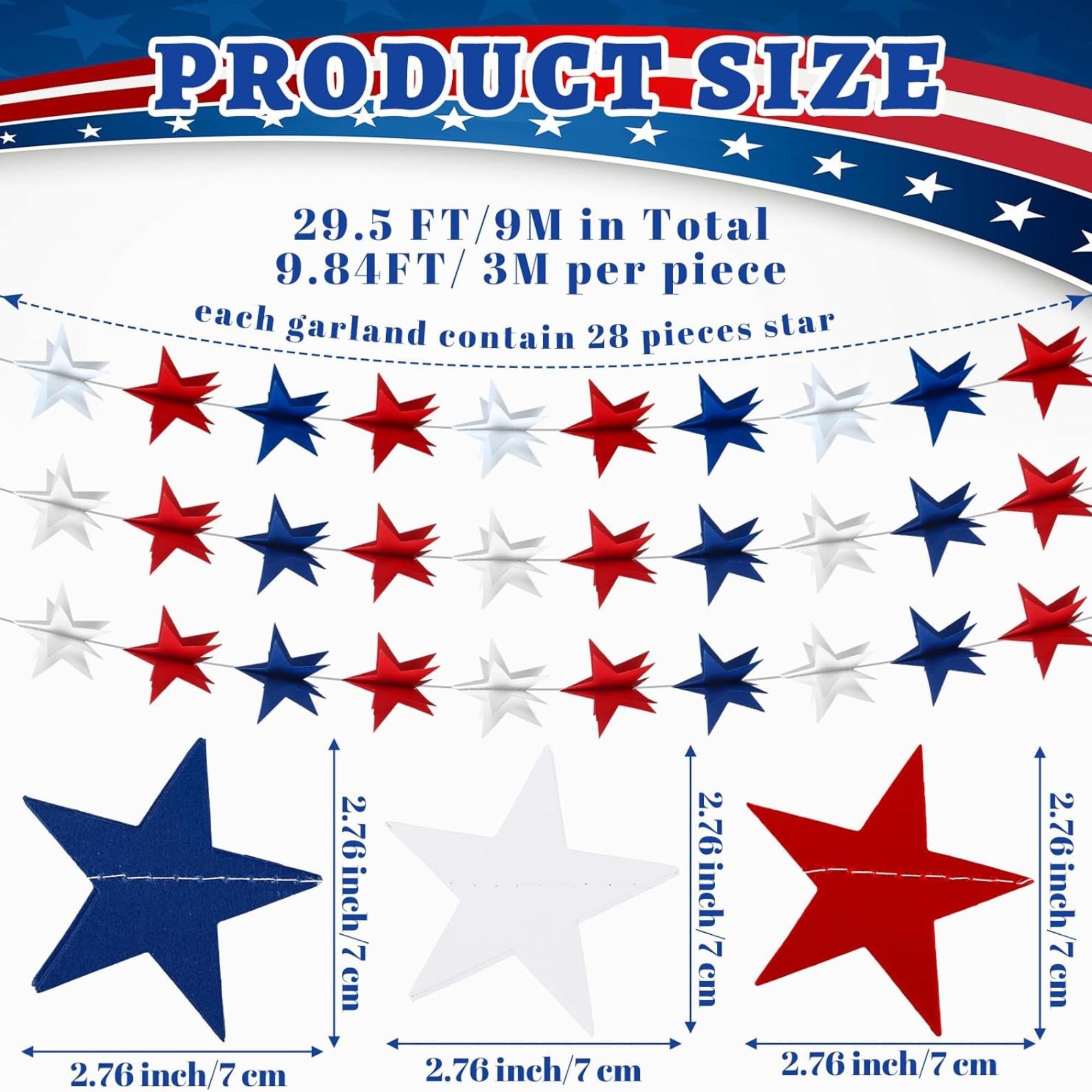 3 Strand 3D Patriotic Star Garland 29.5 FT Red White Blue Banner