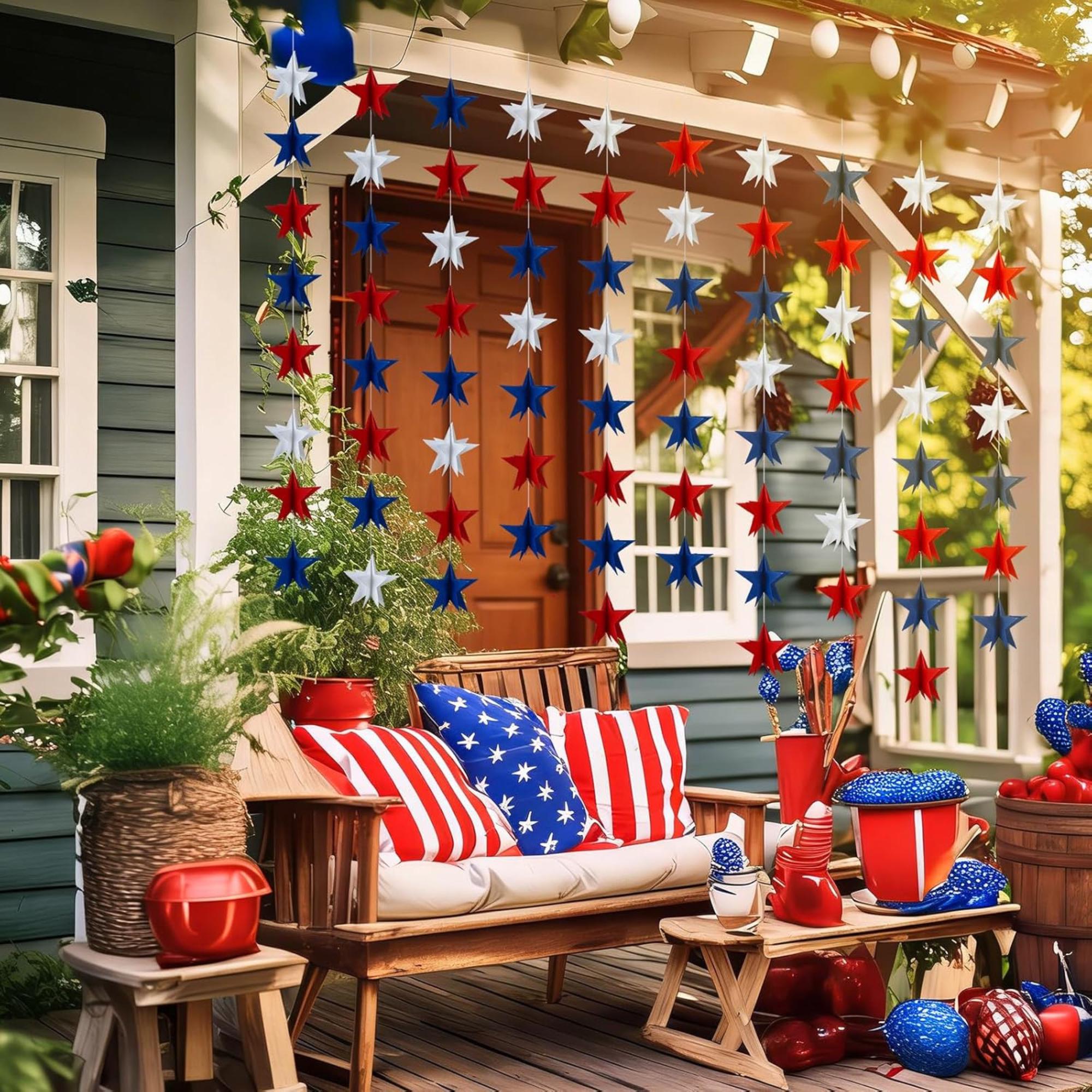3 Strand 3D Patriotic Star Garland 29.5 FT Red White Blue Banner