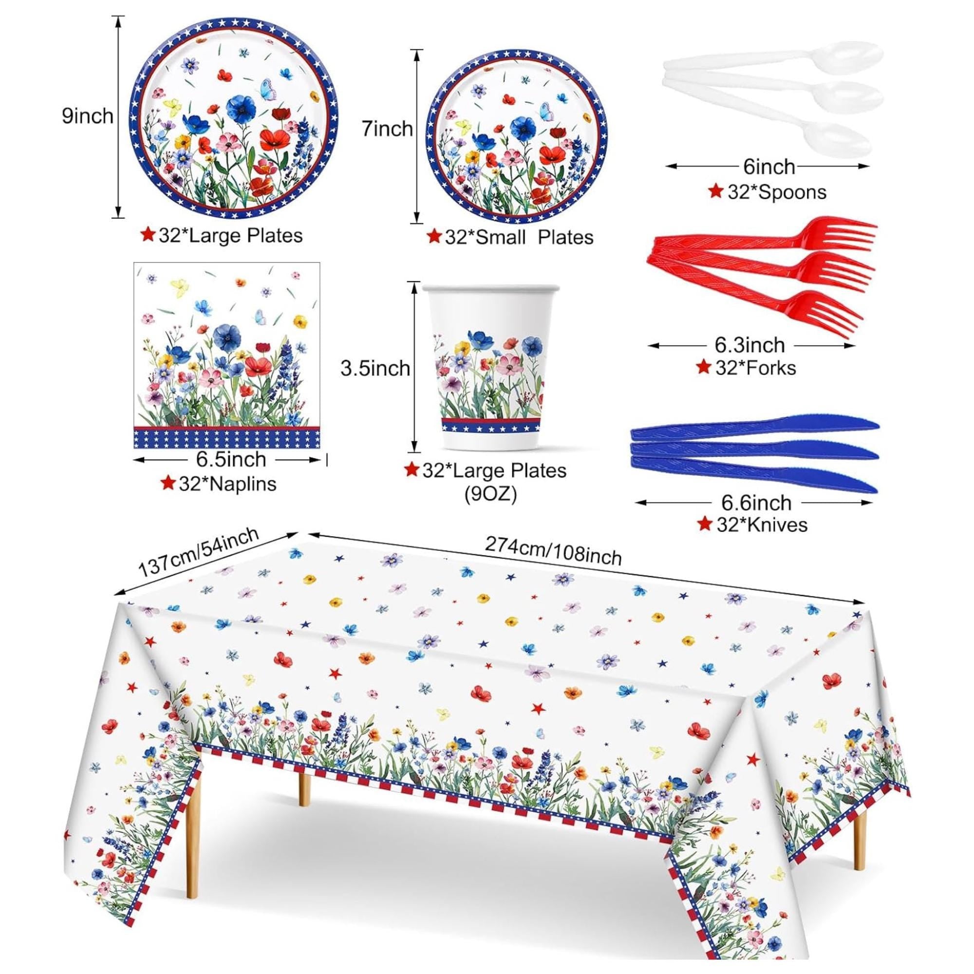 225 Pcs Patriotic Tableware Set Poppy Flower Party Supplies for 64 Guests