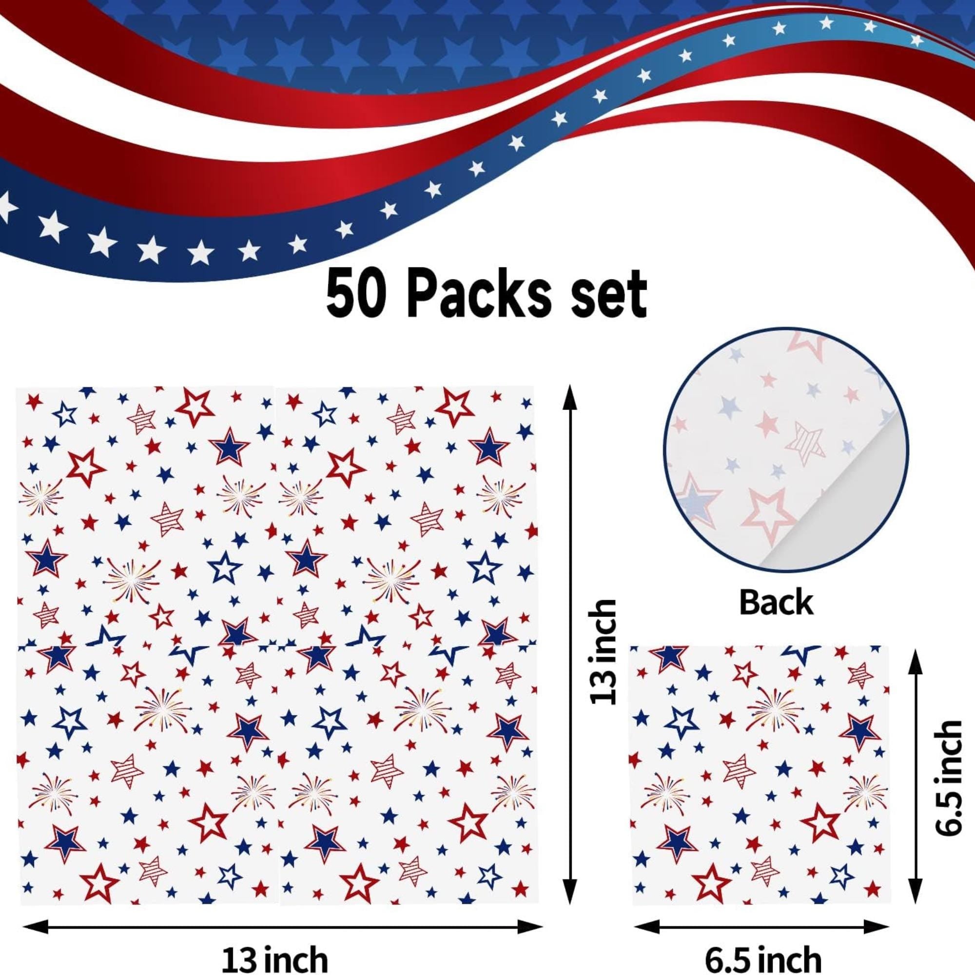 50 Pack Patriotic Paper Napkins Stars Firework Red White Blue