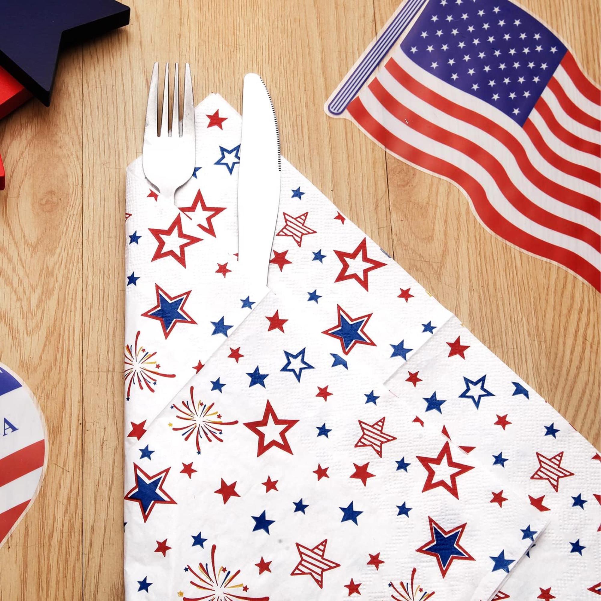 50 Pack Patriotic Paper Napkins Stars Firework Red White Blue