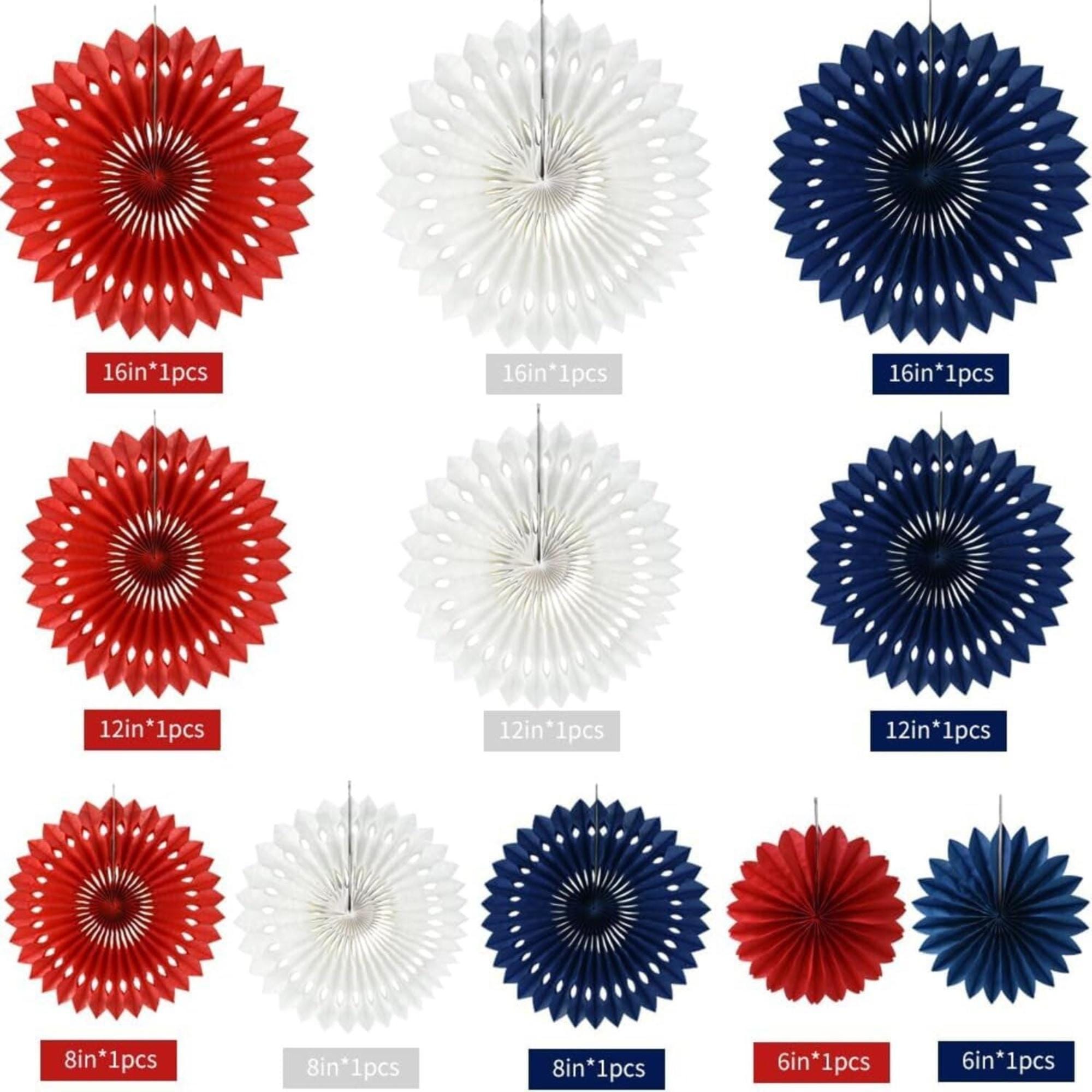 11 Count Patriotic Honeycomb Paper Fans Red White Blue Hanging Décor