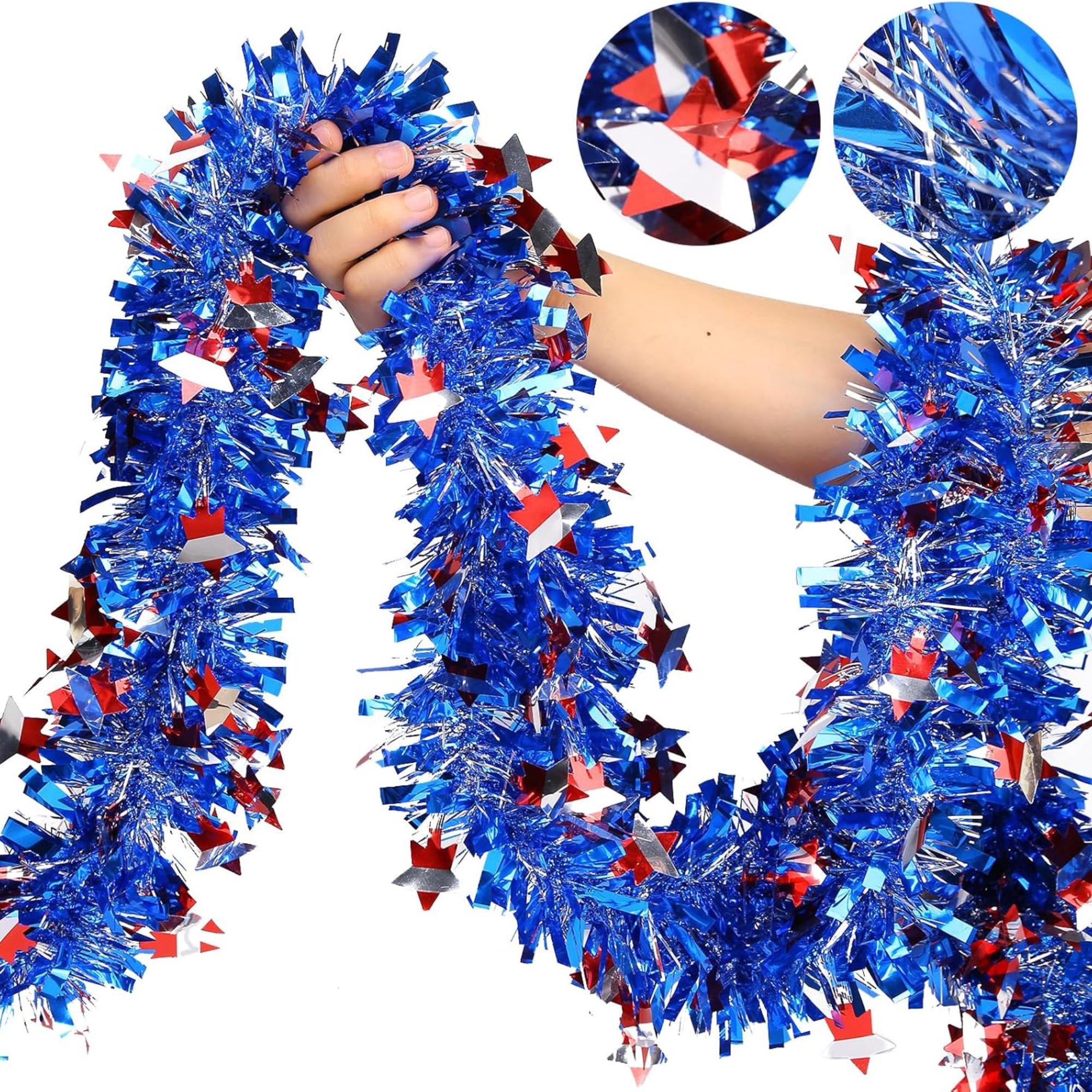 50FT Patriotic Glitter Tinsel Garland Red White Blue Outdoor Decor