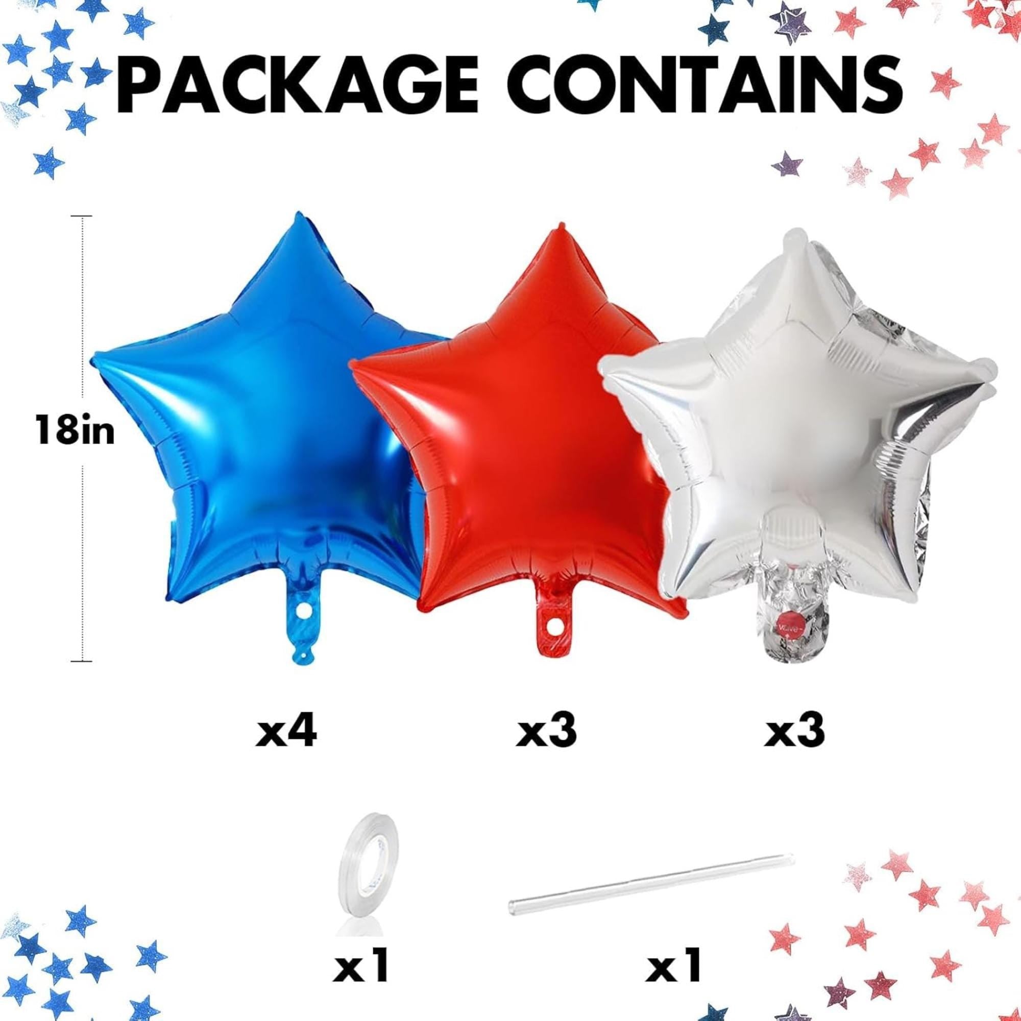 10 Pcs Star Foil Balloons 18 Inch Red Blue Silver Party Décor
