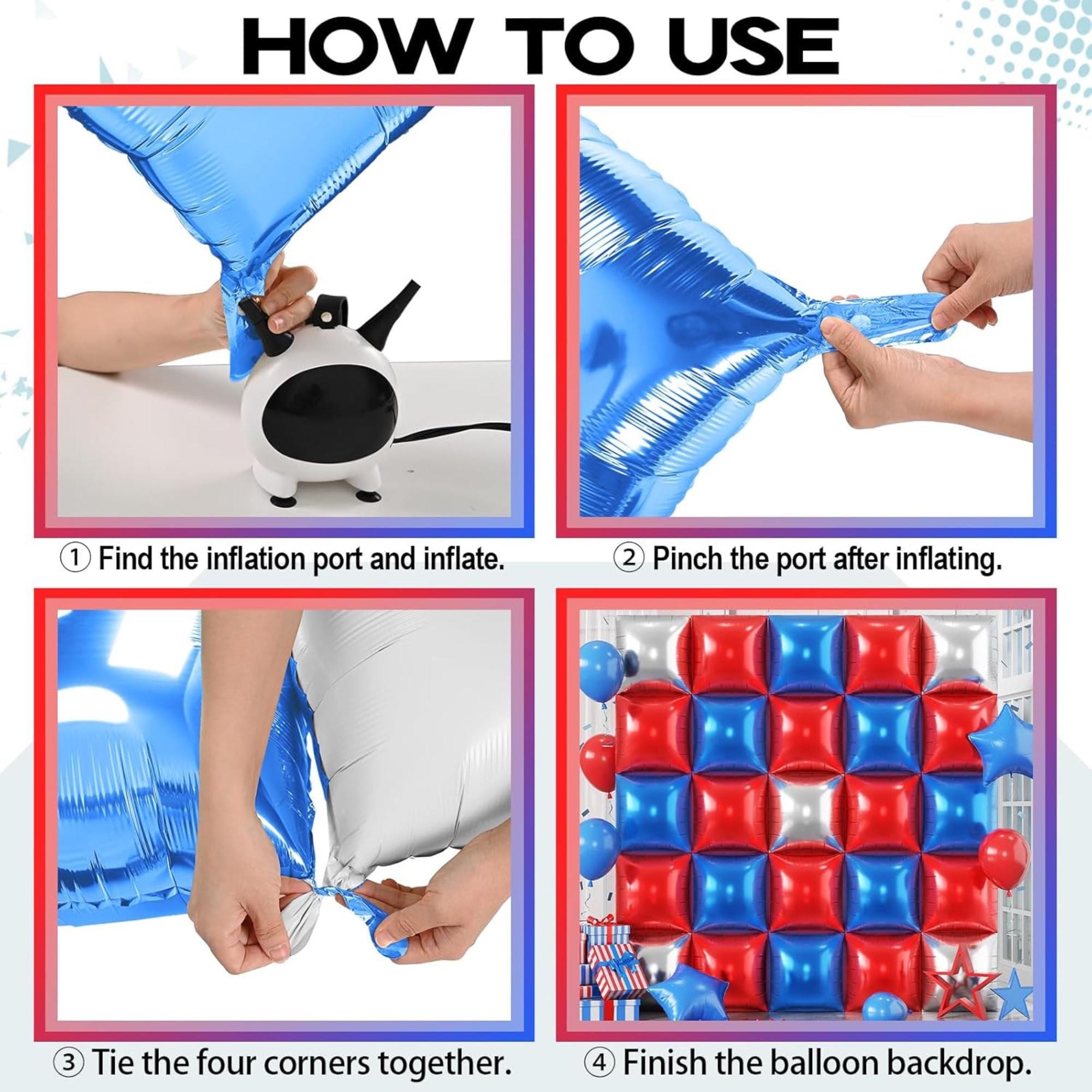 25 Pcs Red Blue Silver Square Foil Balloons Backdrop Wall Décor
