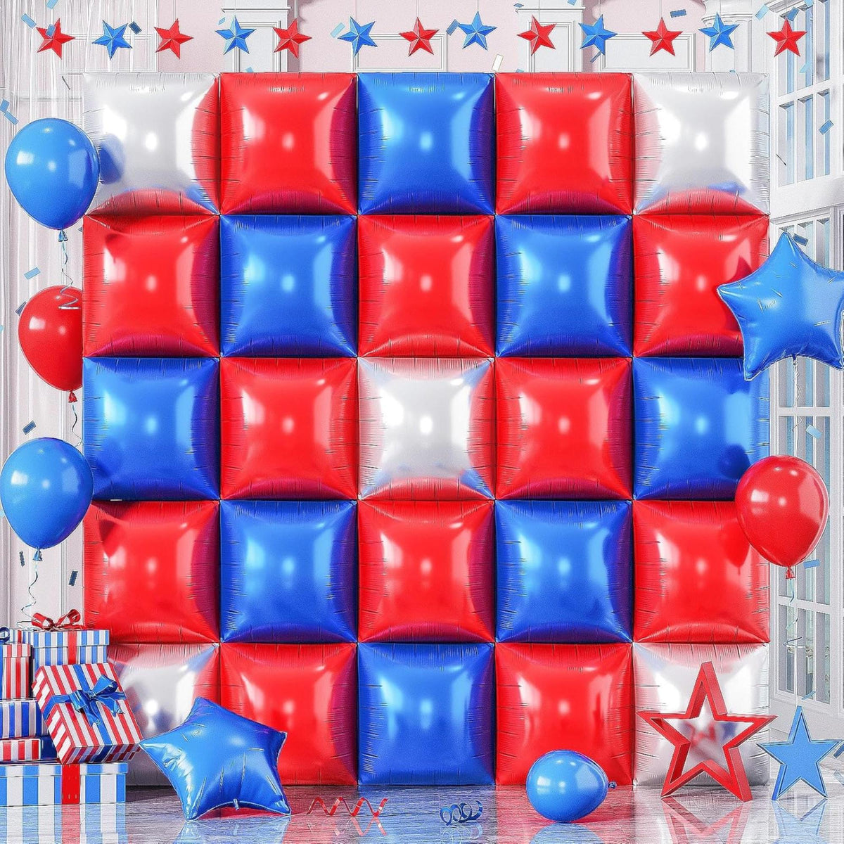 25 Pcs Red Blue Silver Square Foil Balloons Backdrop Wall Décor