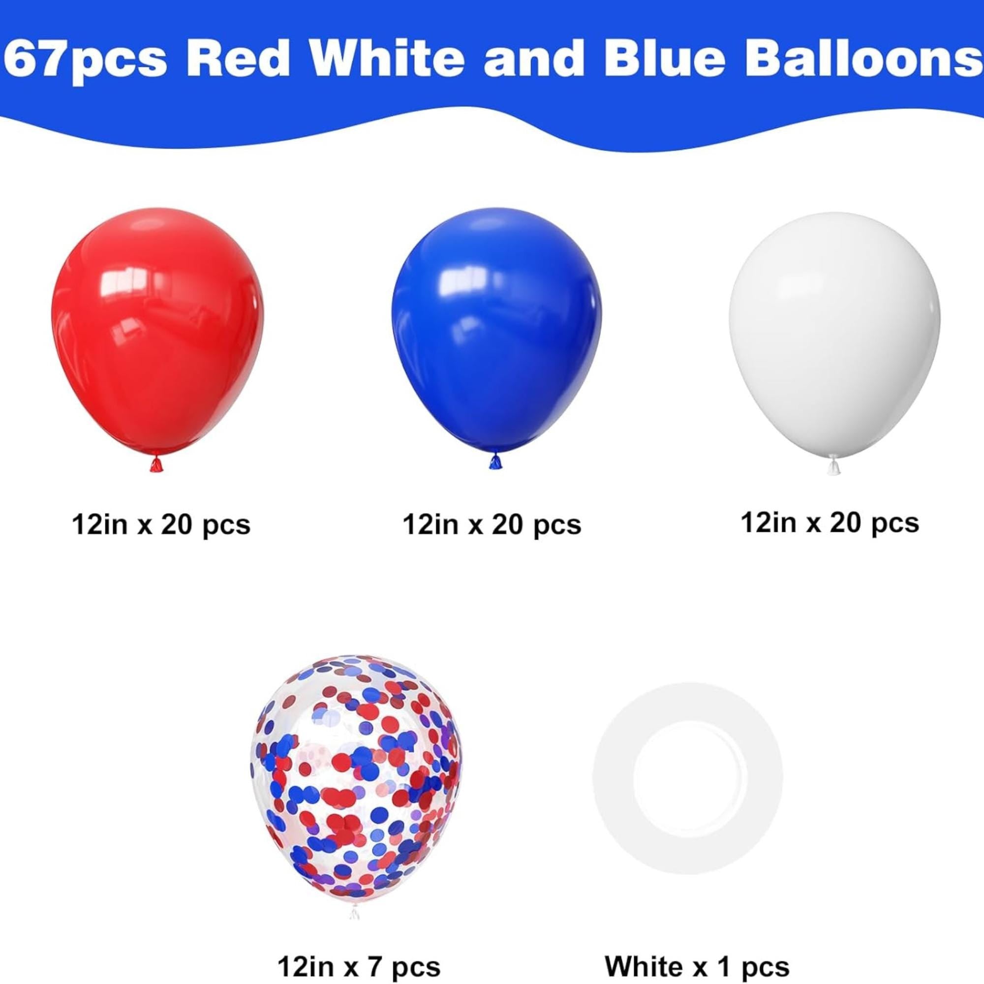 67 Pcs Red White Blue Latex Balloons 12 Inch Patriotic Party Decor