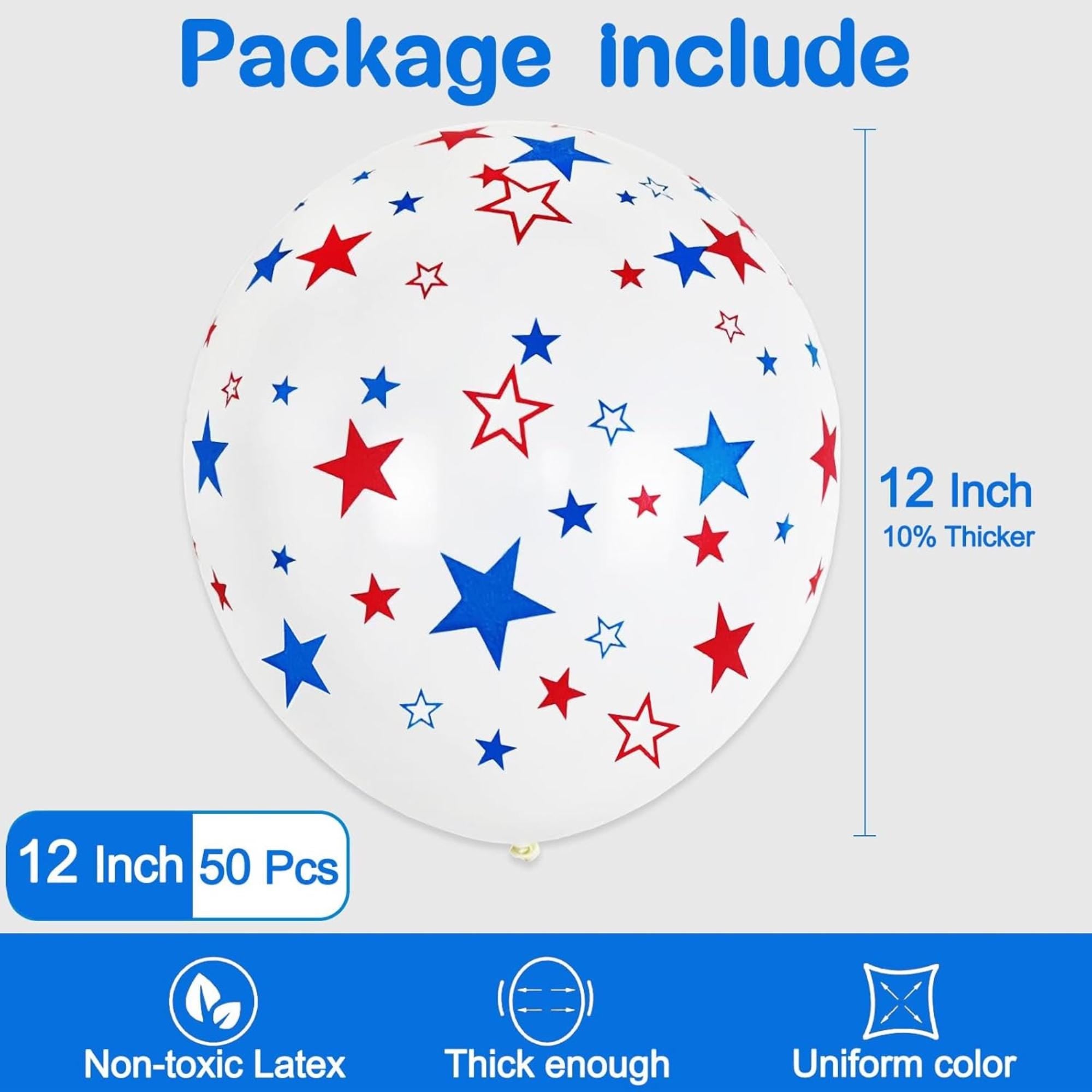 50 Pcs Printed Star Latex Balloons Red Blue White Patriotic Decor