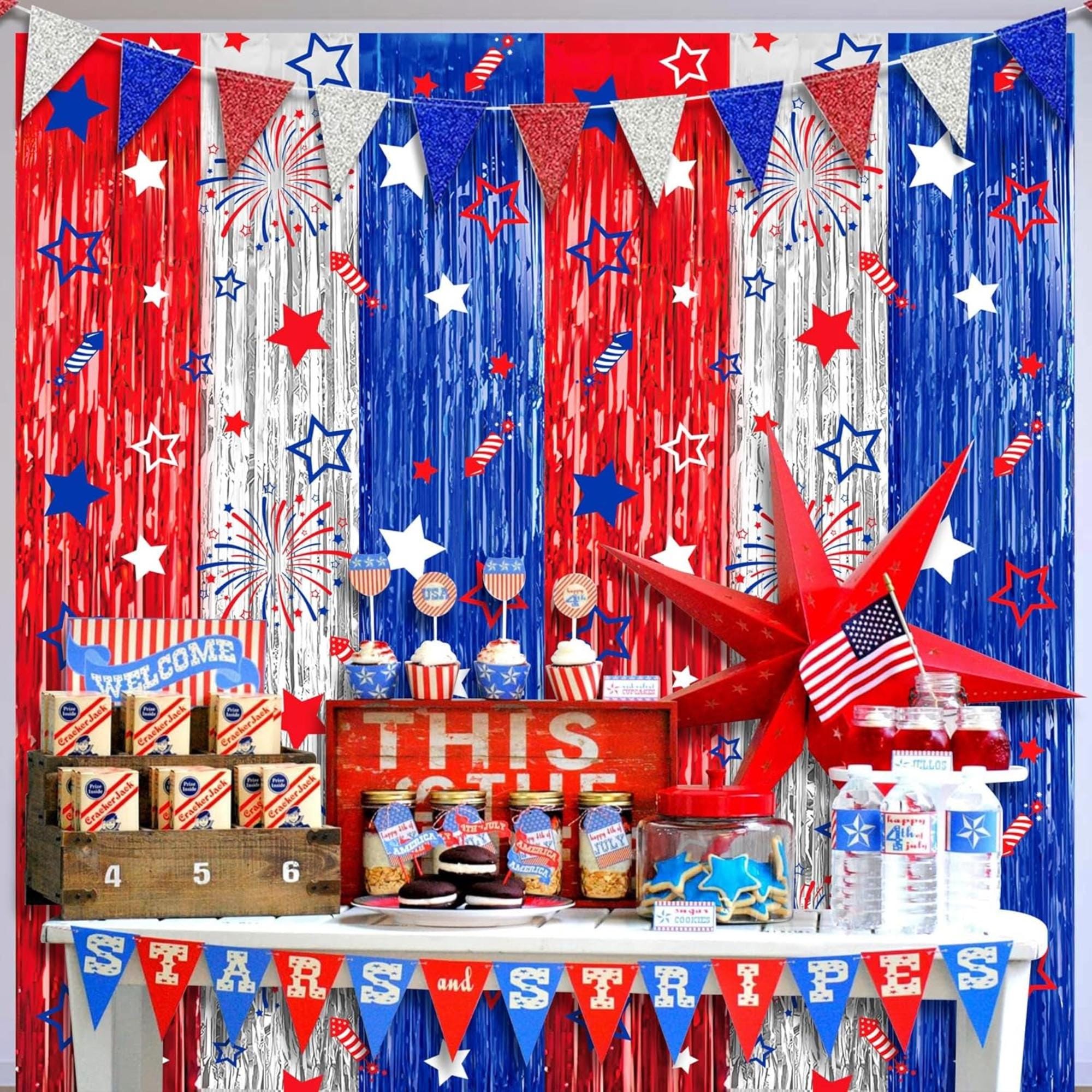 2 Pack Patriotic Foil Fringe Curtains Red White Blue Backdrop