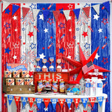 2 Pack Patriotic Foil Fringe Curtains Red White Blue Backdrop