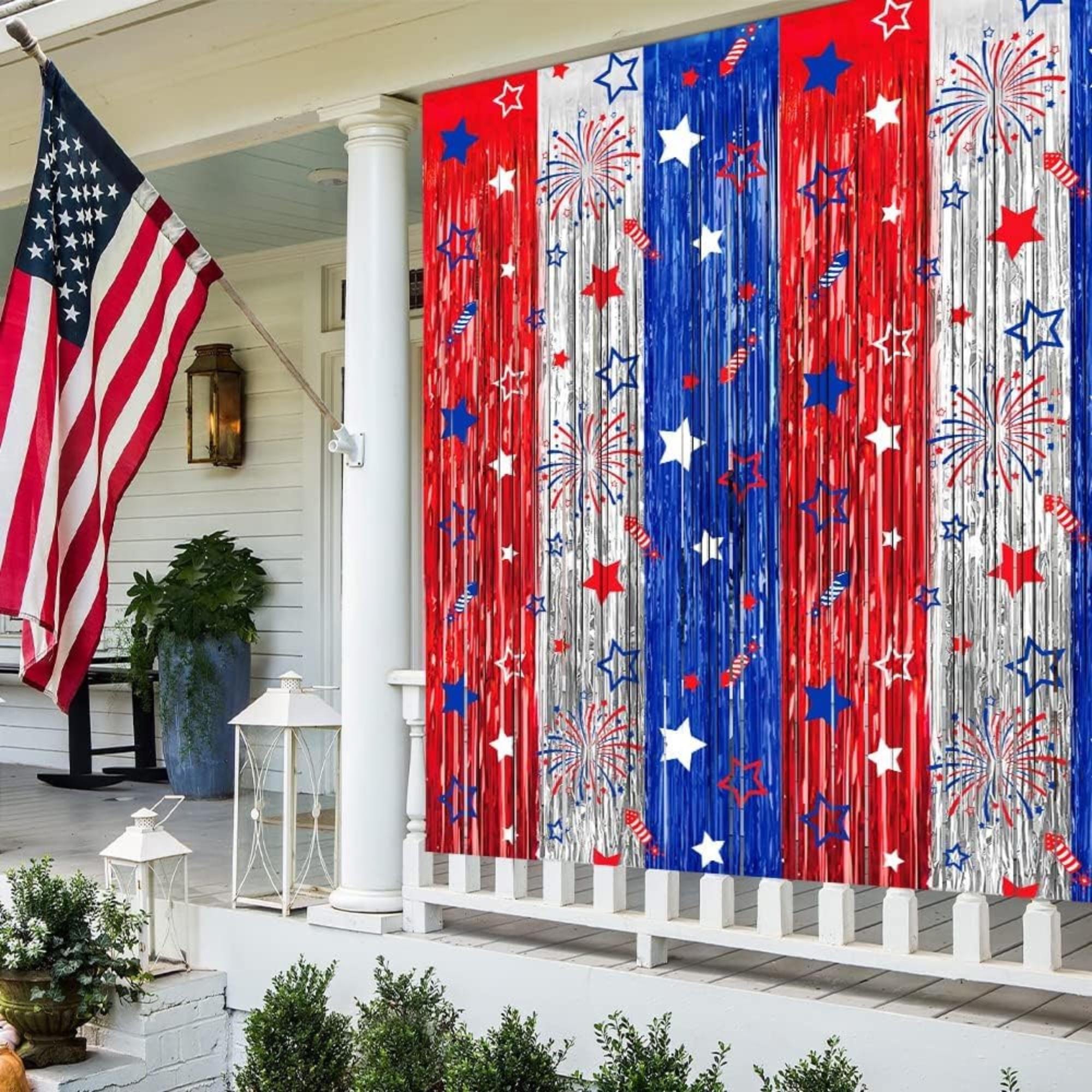 2 Pack Patriotic Foil Fringe Curtains Red White Blue Backdrop