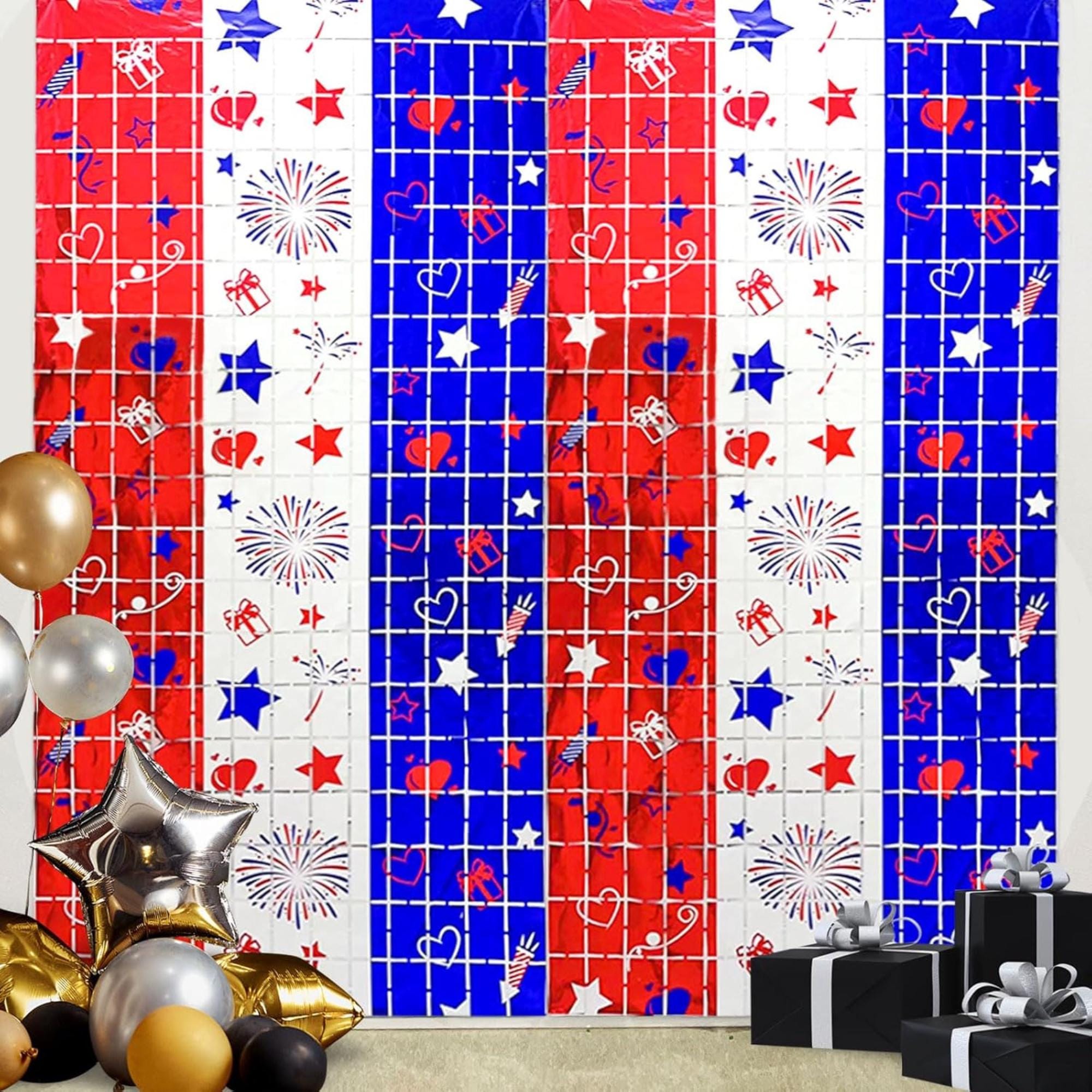 2 Pack Red White Blue Foil Fringe Curtains Patriotic Backdrop