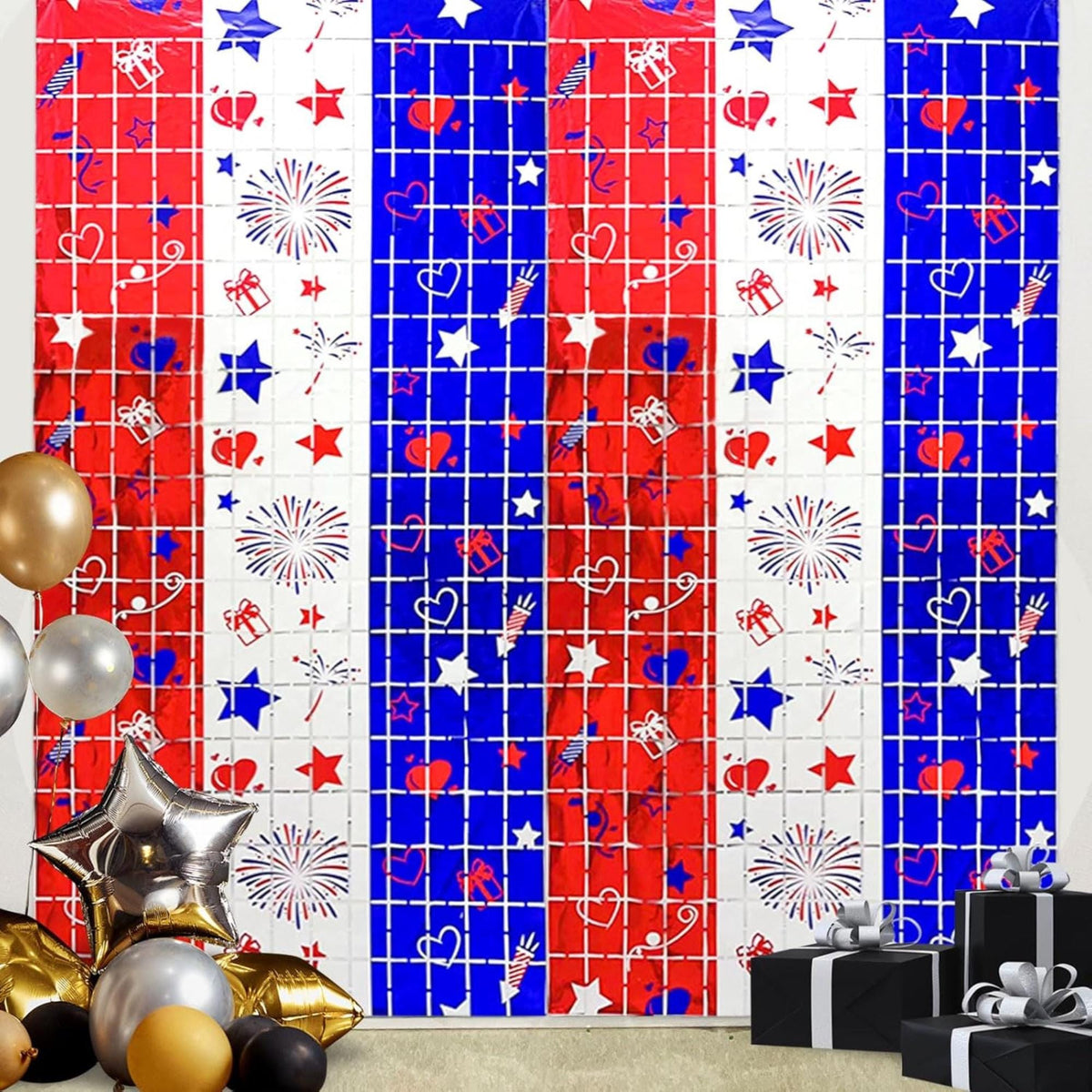 2 Pack Red White Blue Foil Fringe Curtains Patriotic Backdrop