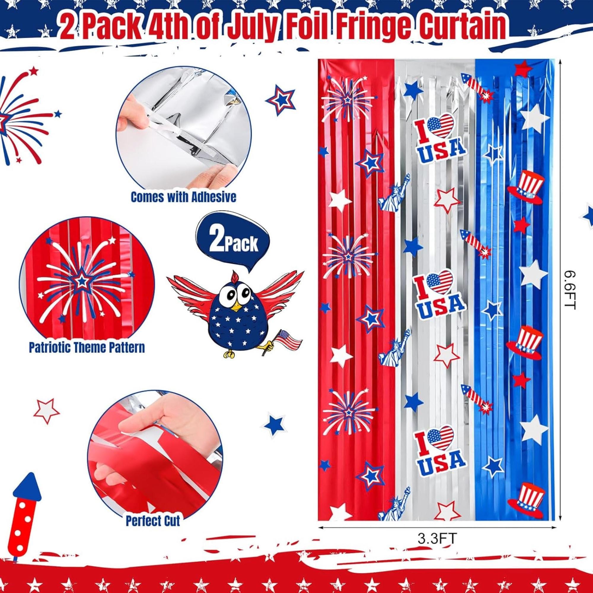 2 Pack Patriotic Tinsel Foil Fringe Curtains Red White Blue Backdrop