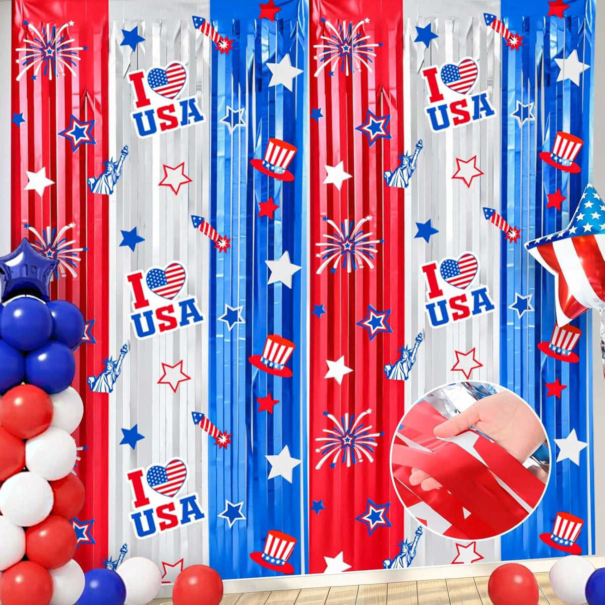 2 Pack Patriotic Tinsel Foil Fringe Curtains Red White Blue Backdrop