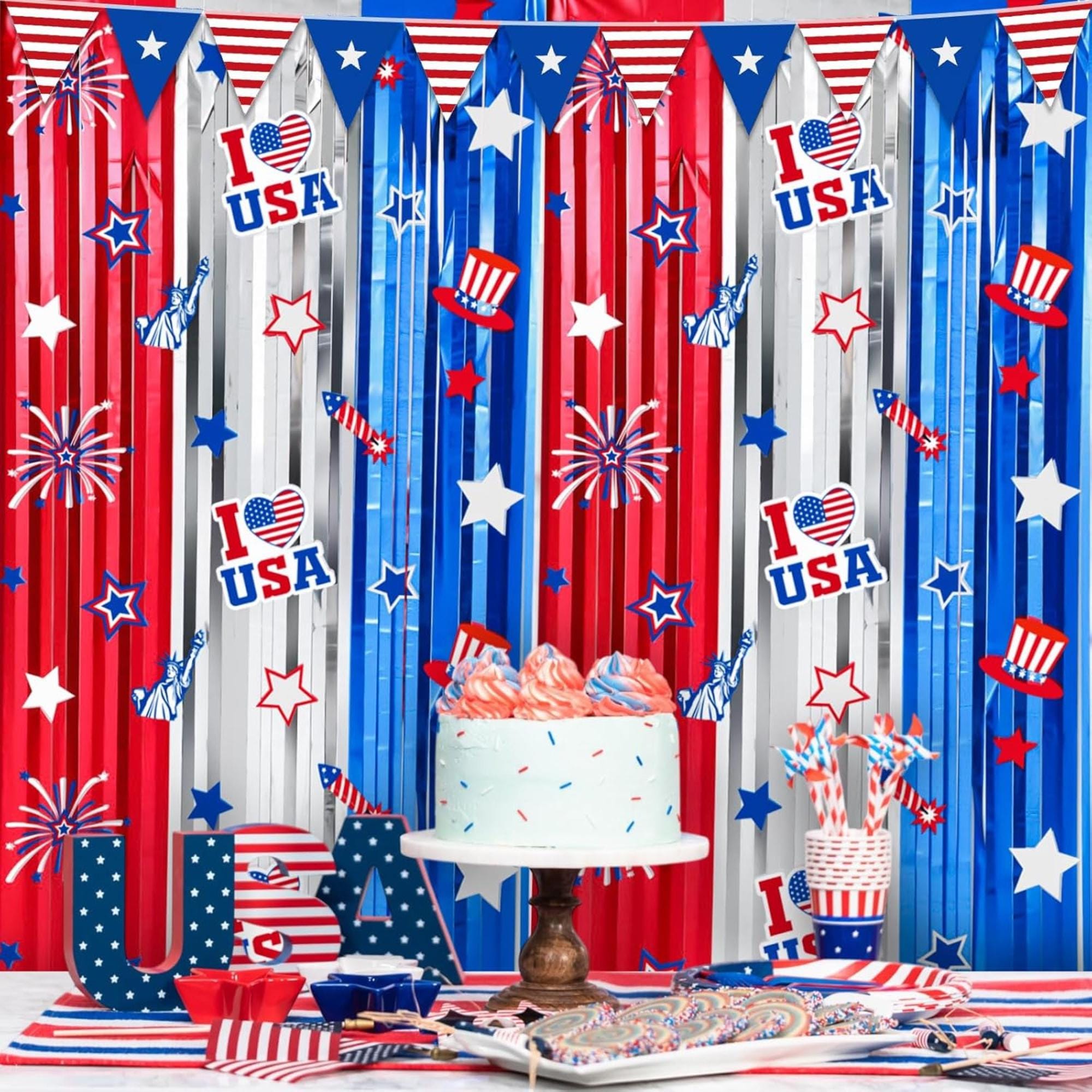 2 Pack Patriotic Tinsel Foil Fringe Curtains Red White Blue Backdrop