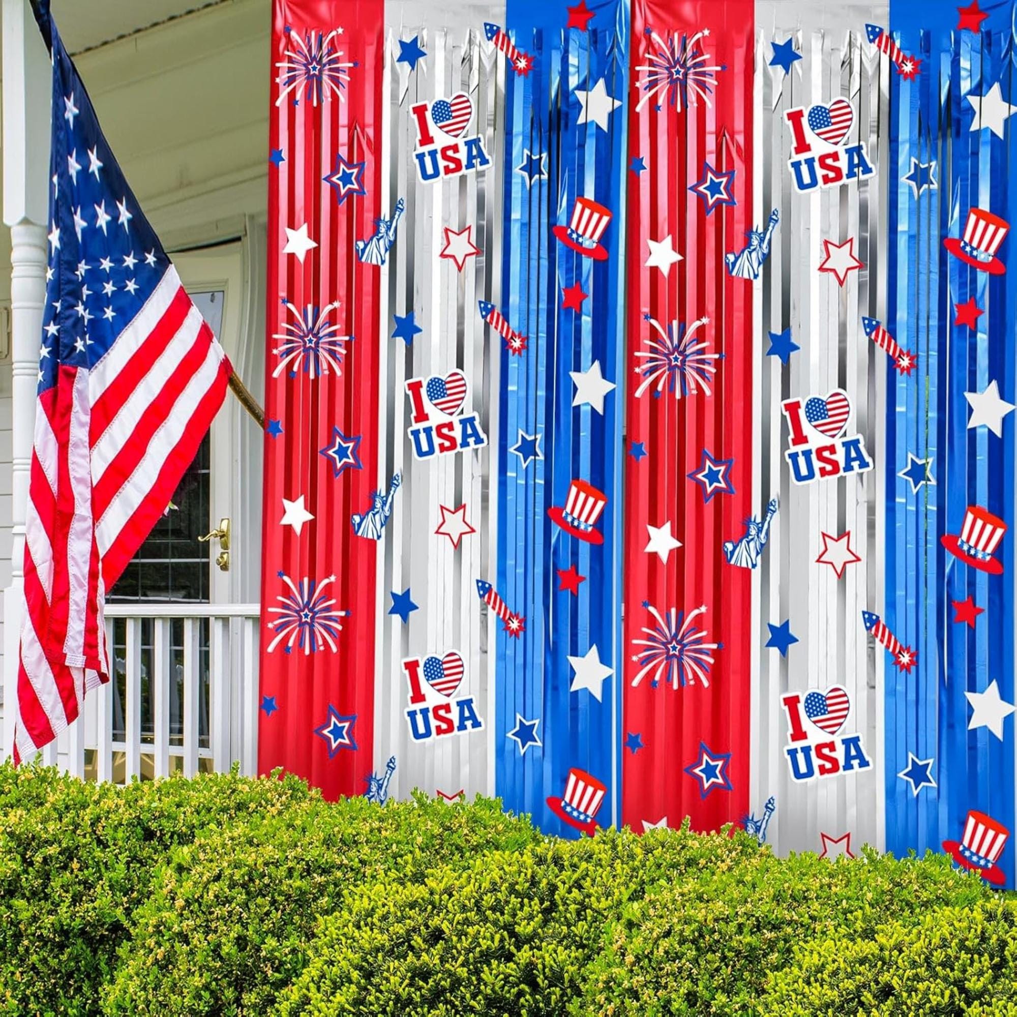 2 Pack Patriotic Tinsel Foil Fringe Curtains Red White Blue Backdrop