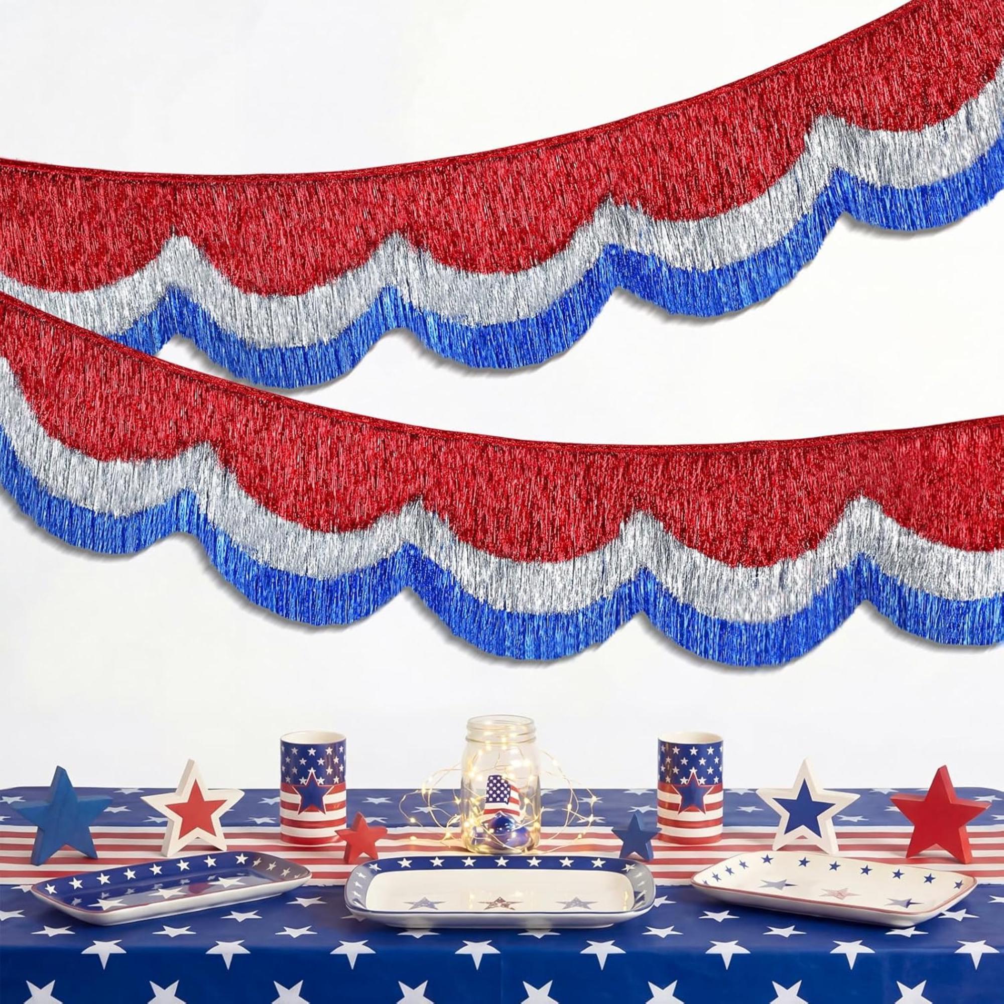 6ft Patriotic Fringe Garland Banner Red White Blue Tinsel Decor