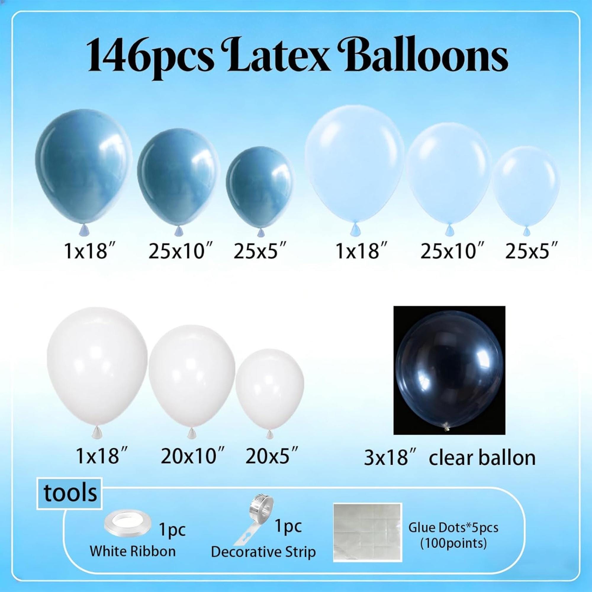 146 Pcs Dusty Blue Balloon Arch Kit Light Blue White Garland Decor