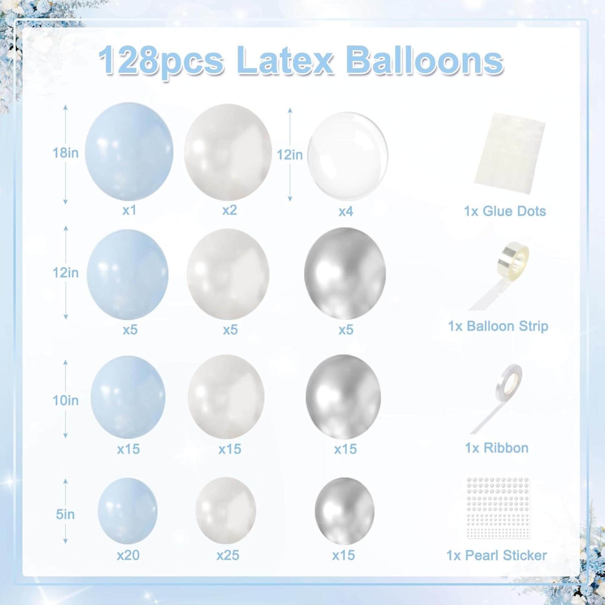 Pearl Blue White Balloon Arch Kit 128 Pcs Light Blue Silver Party Decor Set