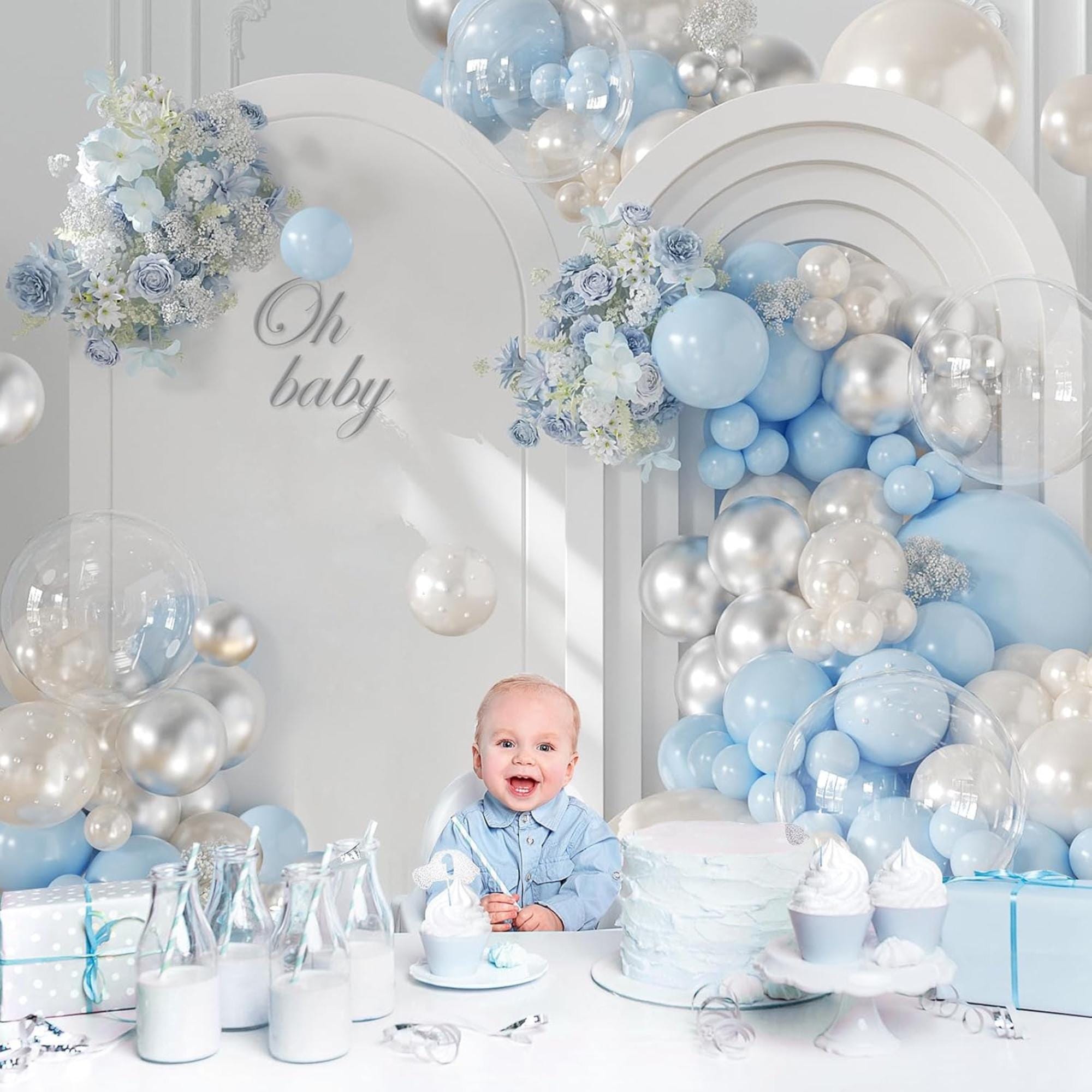 Pearl Blue White Balloon Arch Kit 128 Pcs Light Blue Silver Party Decor Set