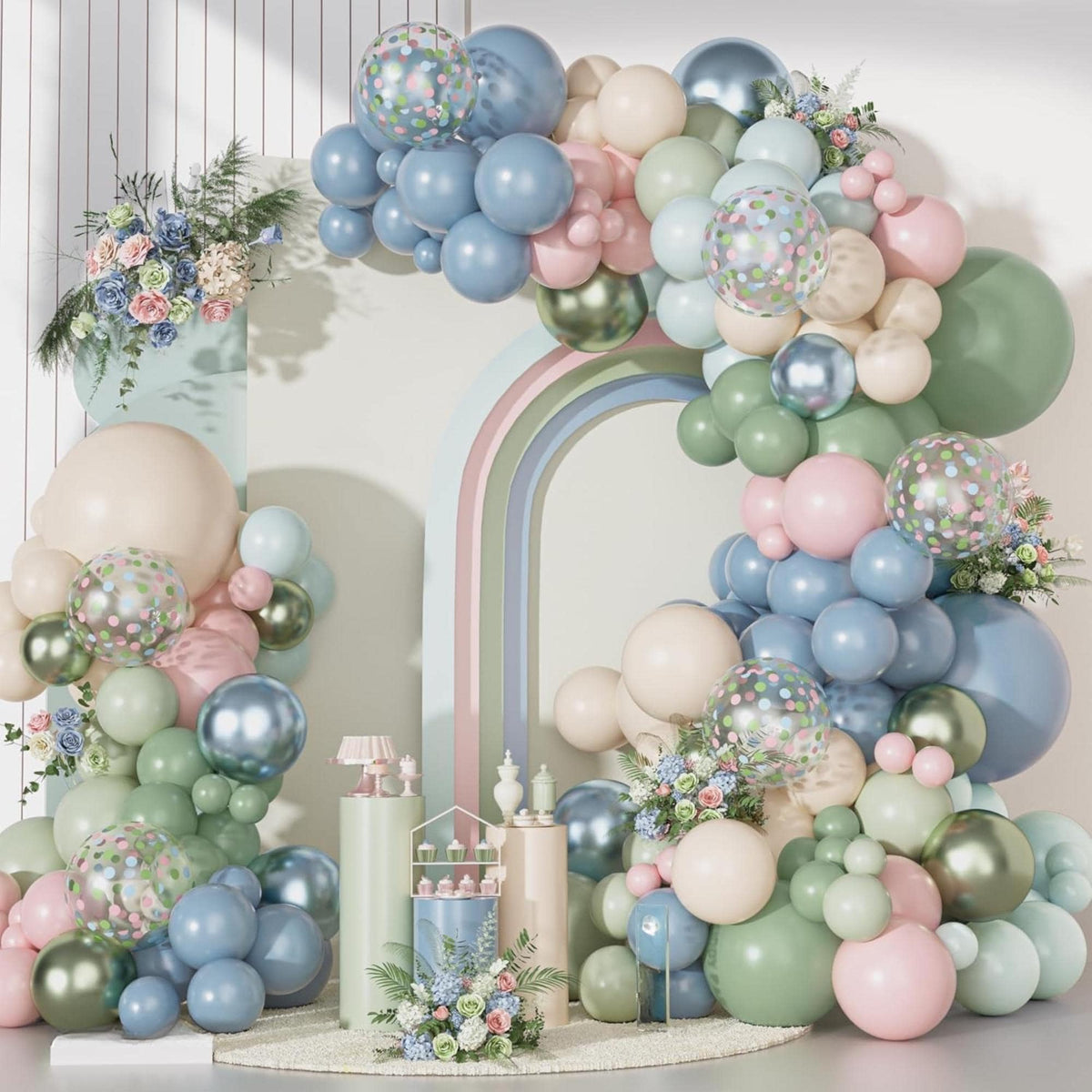 Pink Dusty Blue Green Balloon Arch Kit Mixed Size Baby Shower Party Decor