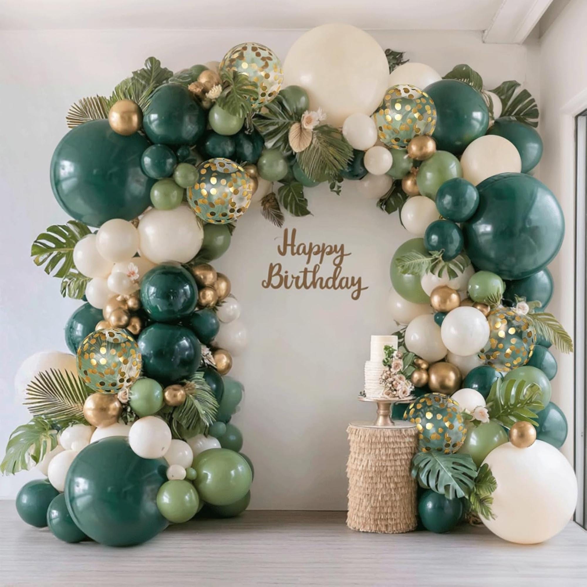 Emerald Green White Gold Balloon Arch Kit Double Stuffed Jungle Party Decor