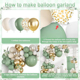 Sage Green White Gold Balloon Arch Kit 152 Pcs Spring Party Decor Set