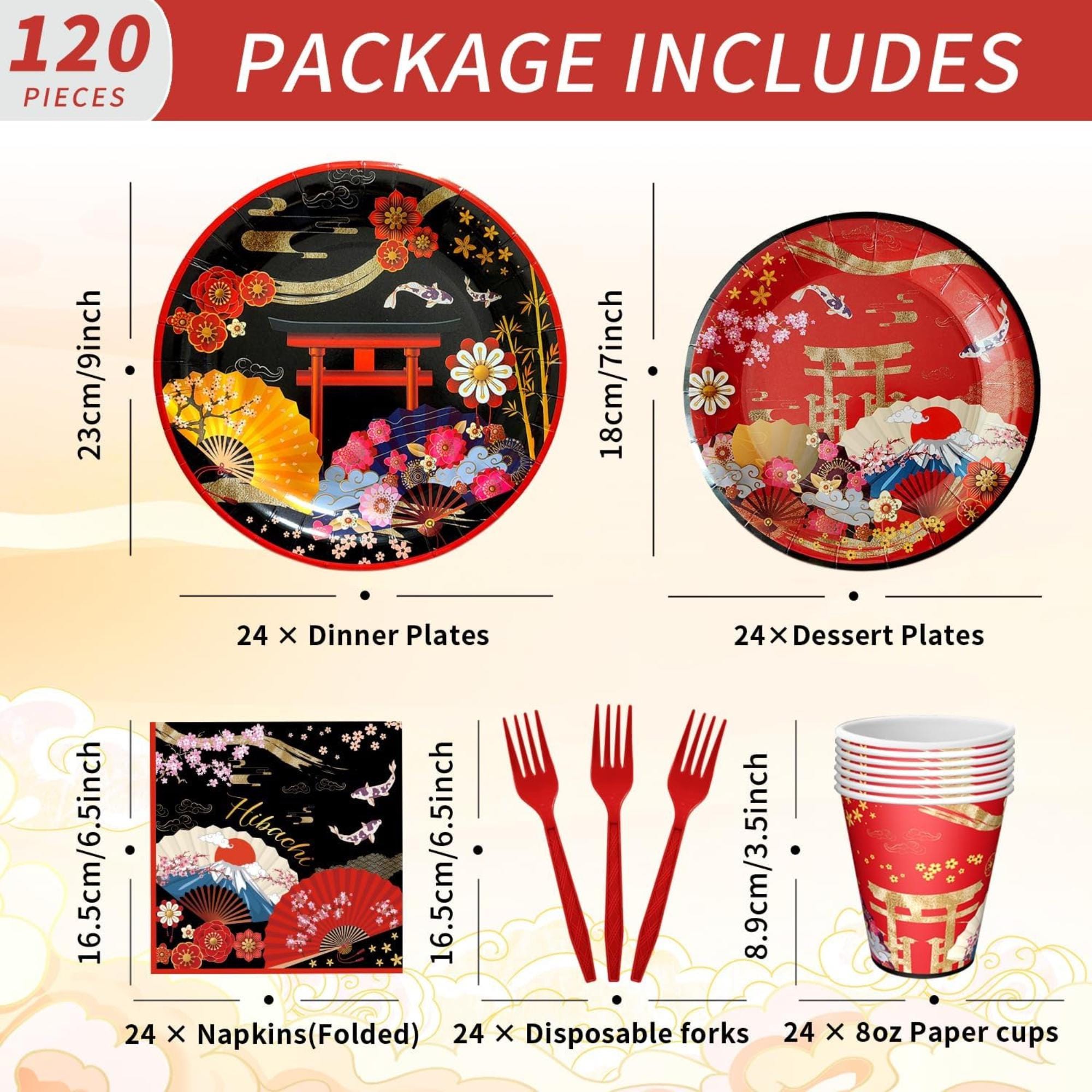 Hibachi Party Tableware Set Disposable Plates Cups Napkins Serve 24 Guests