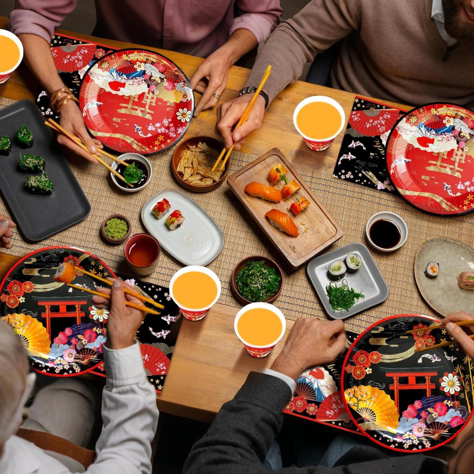 Hibachi Party Tableware Set Disposable Plates Cups Napkins Serve 24 Guests