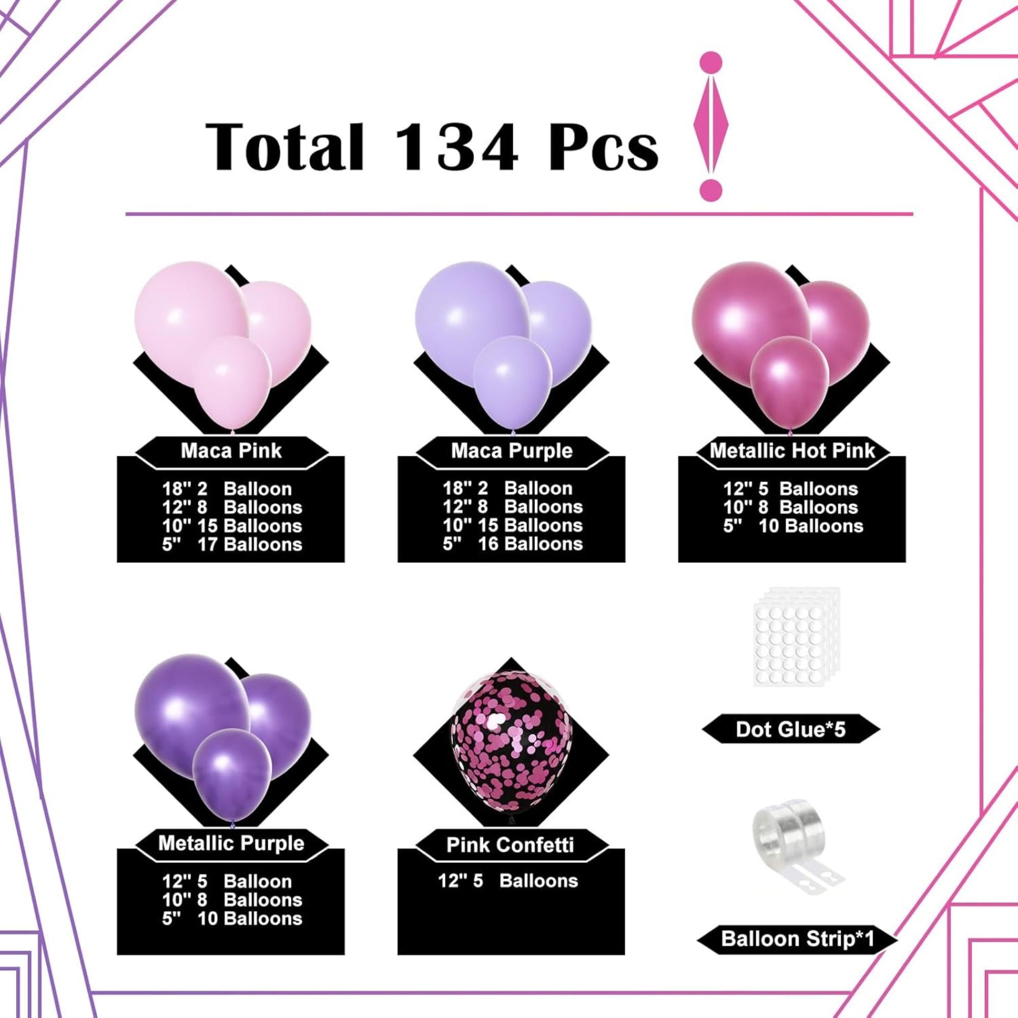 Pink Purple Balloon Arch Kit 134 Pcs Light Party Decor Set