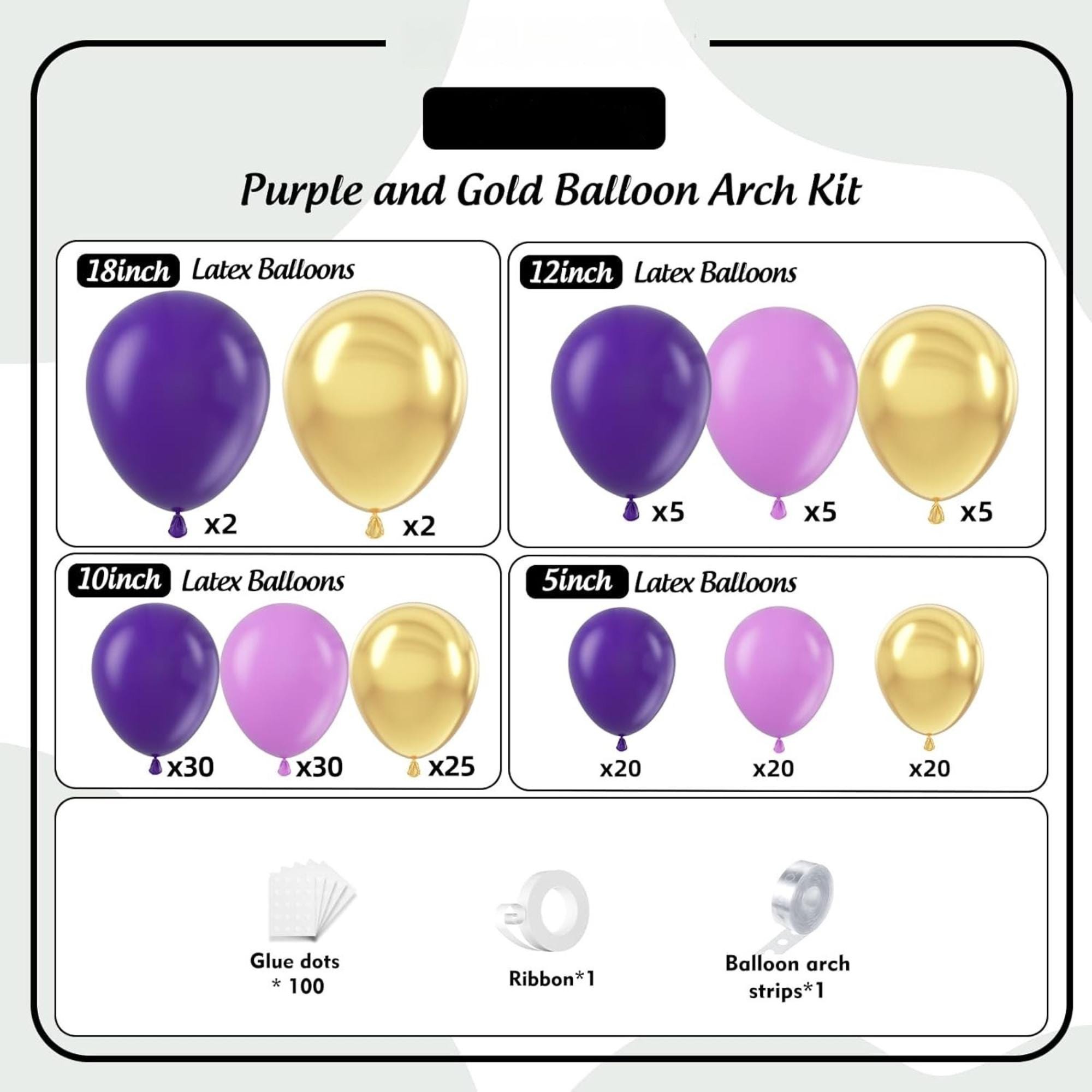 Purple Gold Balloon Arch Kit Mixed Sizes for Birthday Baby Shower Party