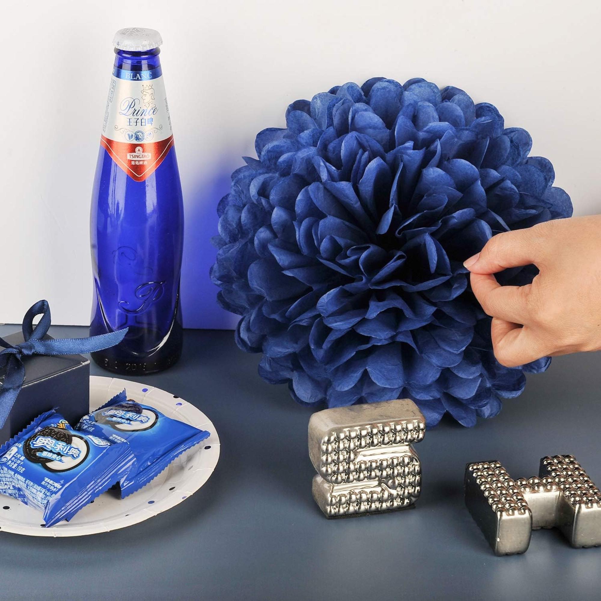 Navy Blue Tissue Pom Poms Set of 18 Party Decoration Paper Flowers