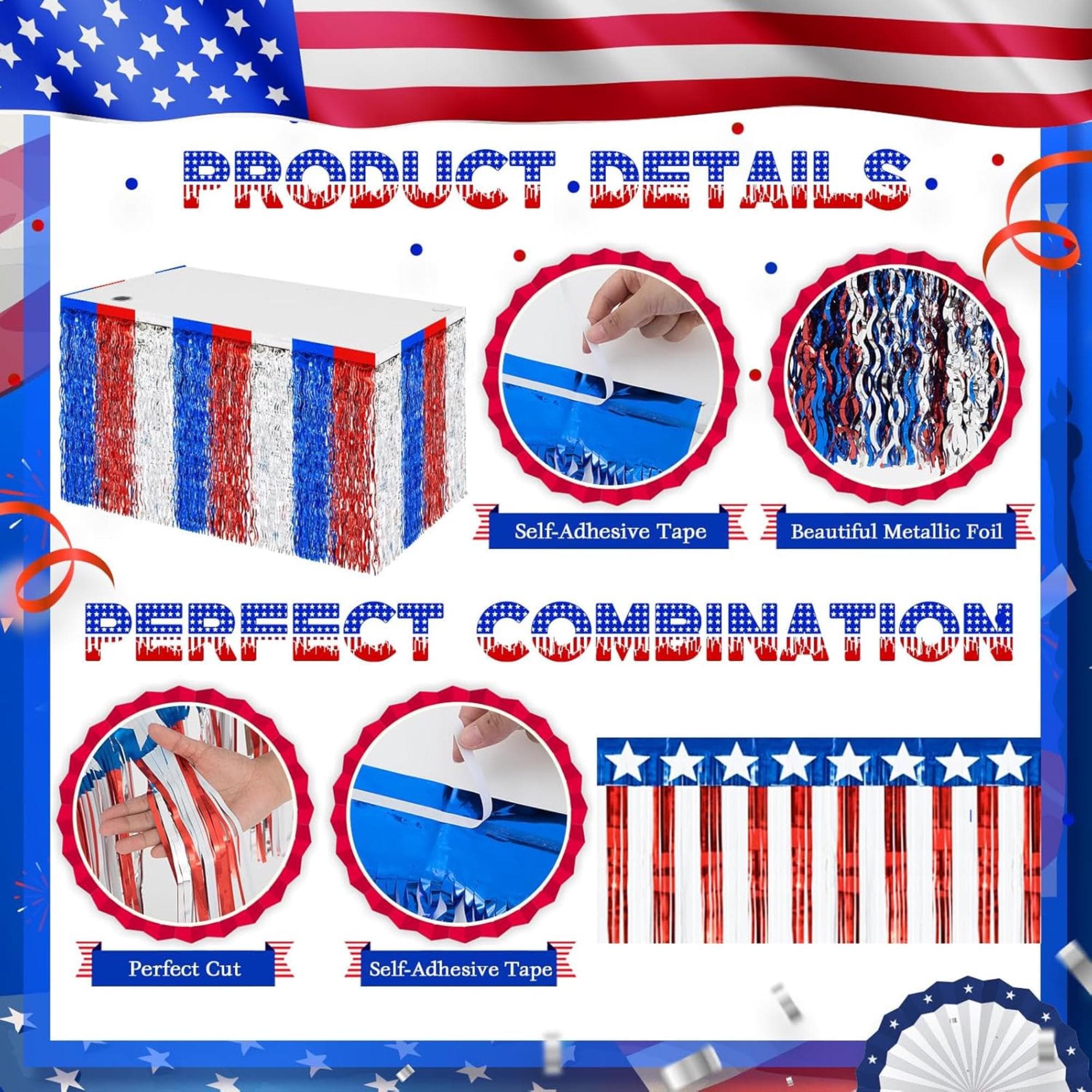 6 Piece Patriotic Fringe Banner and Tinsel Skirt Set for Party Decorations